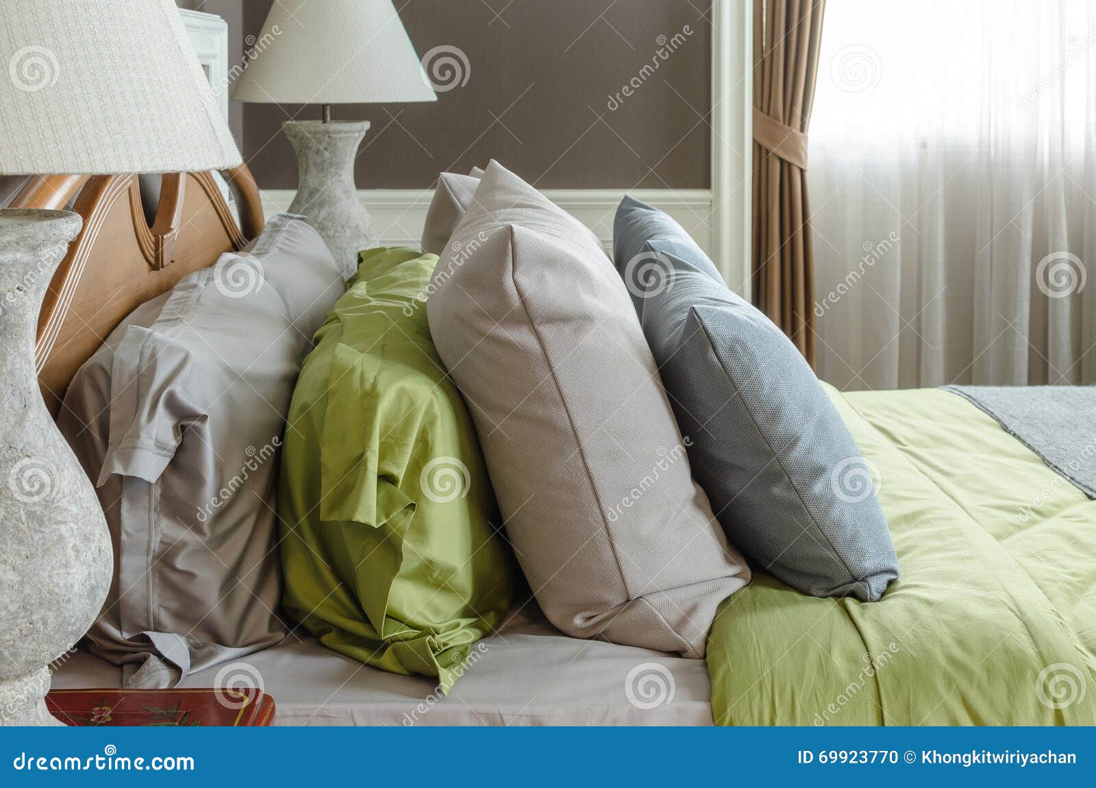 Row of Pillows on Bed in Classic Bedroom Stock Photo Image of cushion