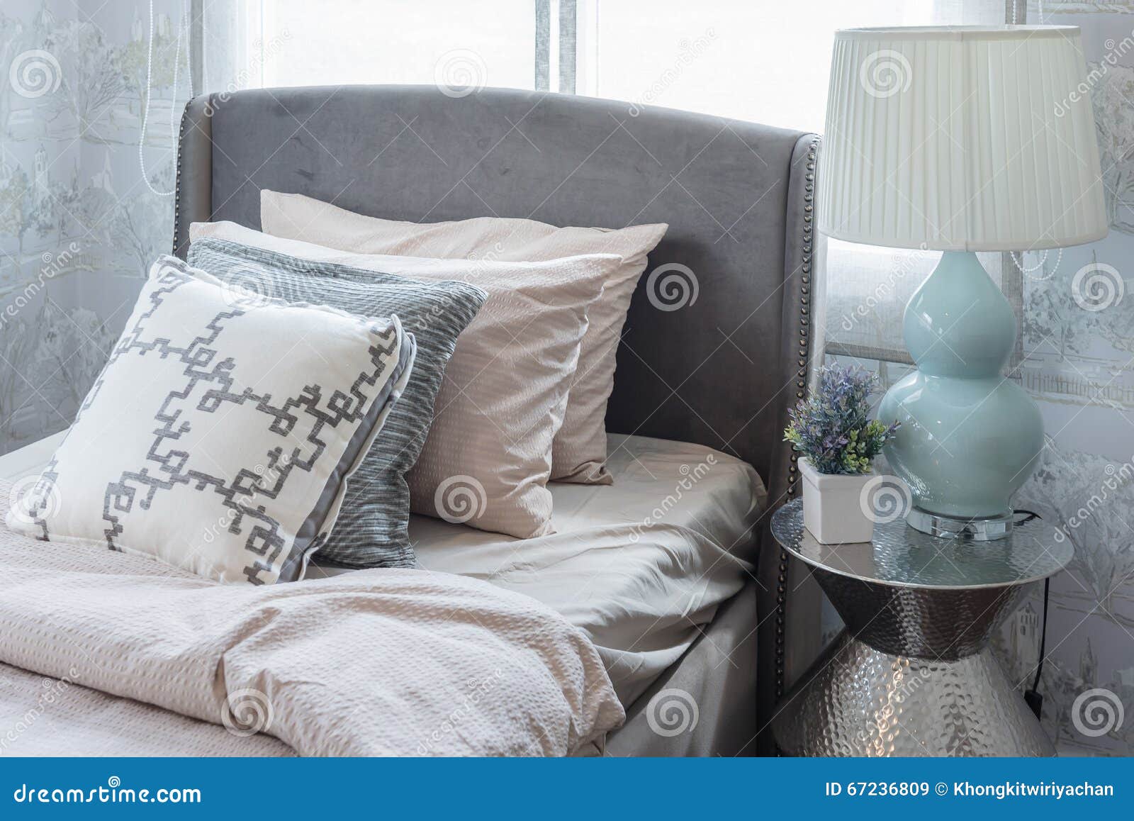 Row of Pillows on Bed in Luxury Bedroom Stock Image Image of lamp