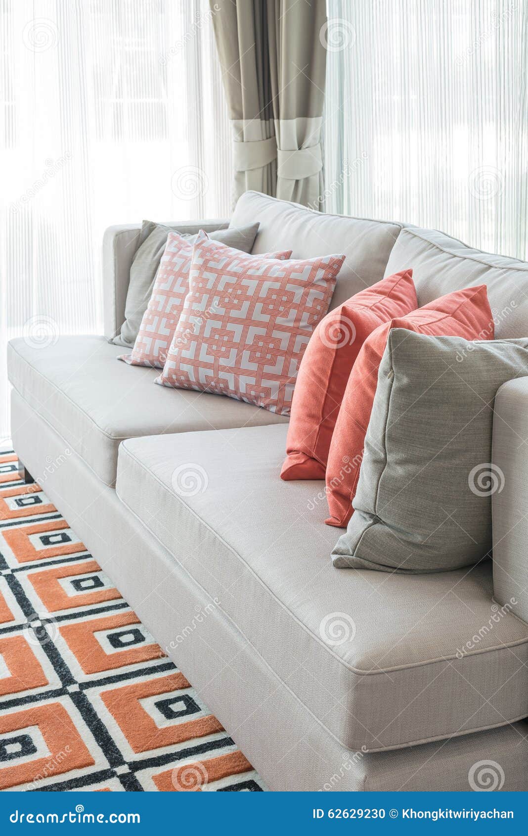 Row of Pillows on Sofa in Classic Living Room Style Stock Photo Image