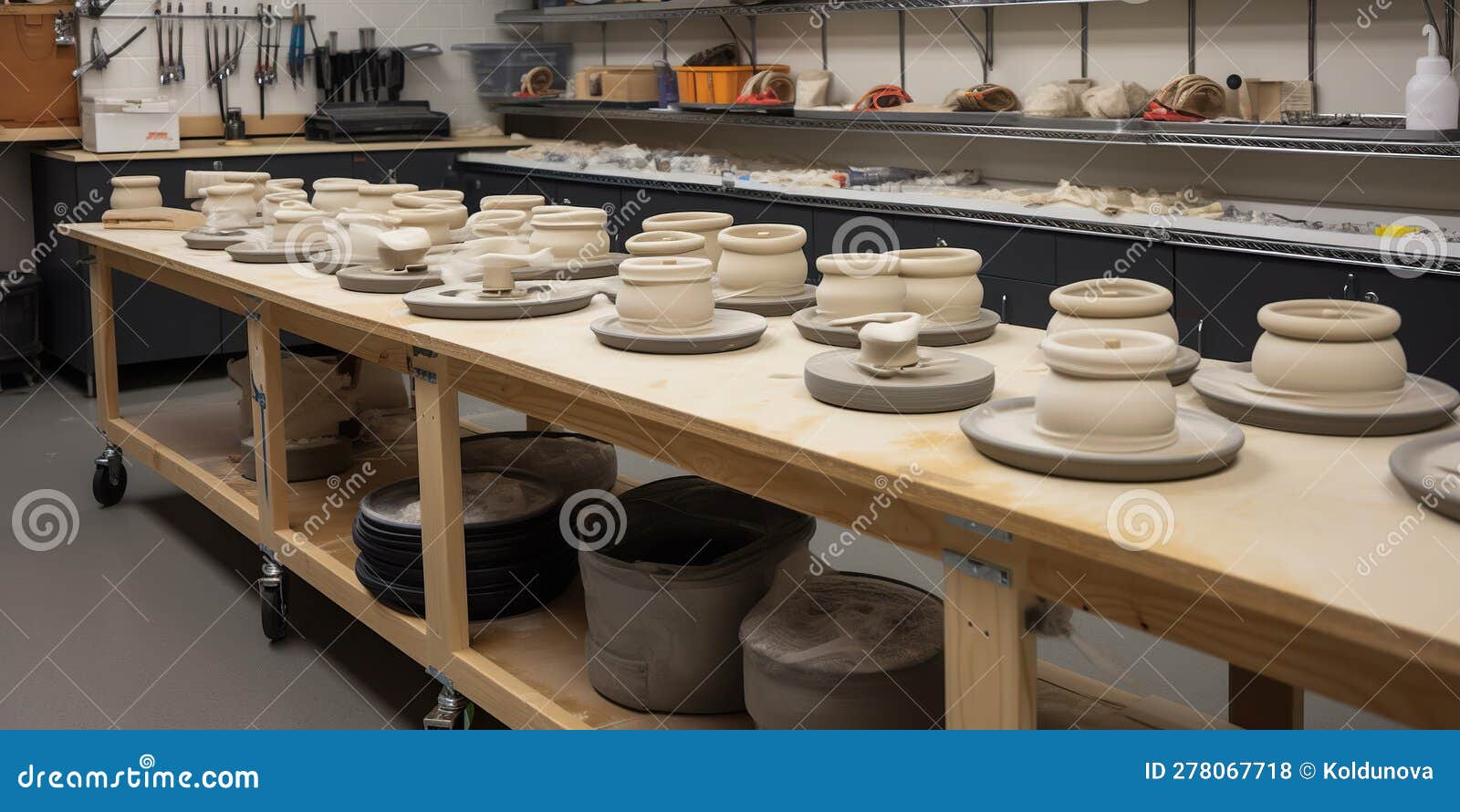 Pottery Wheels, with Clay and Tools Ready for a Group Ceramics Class