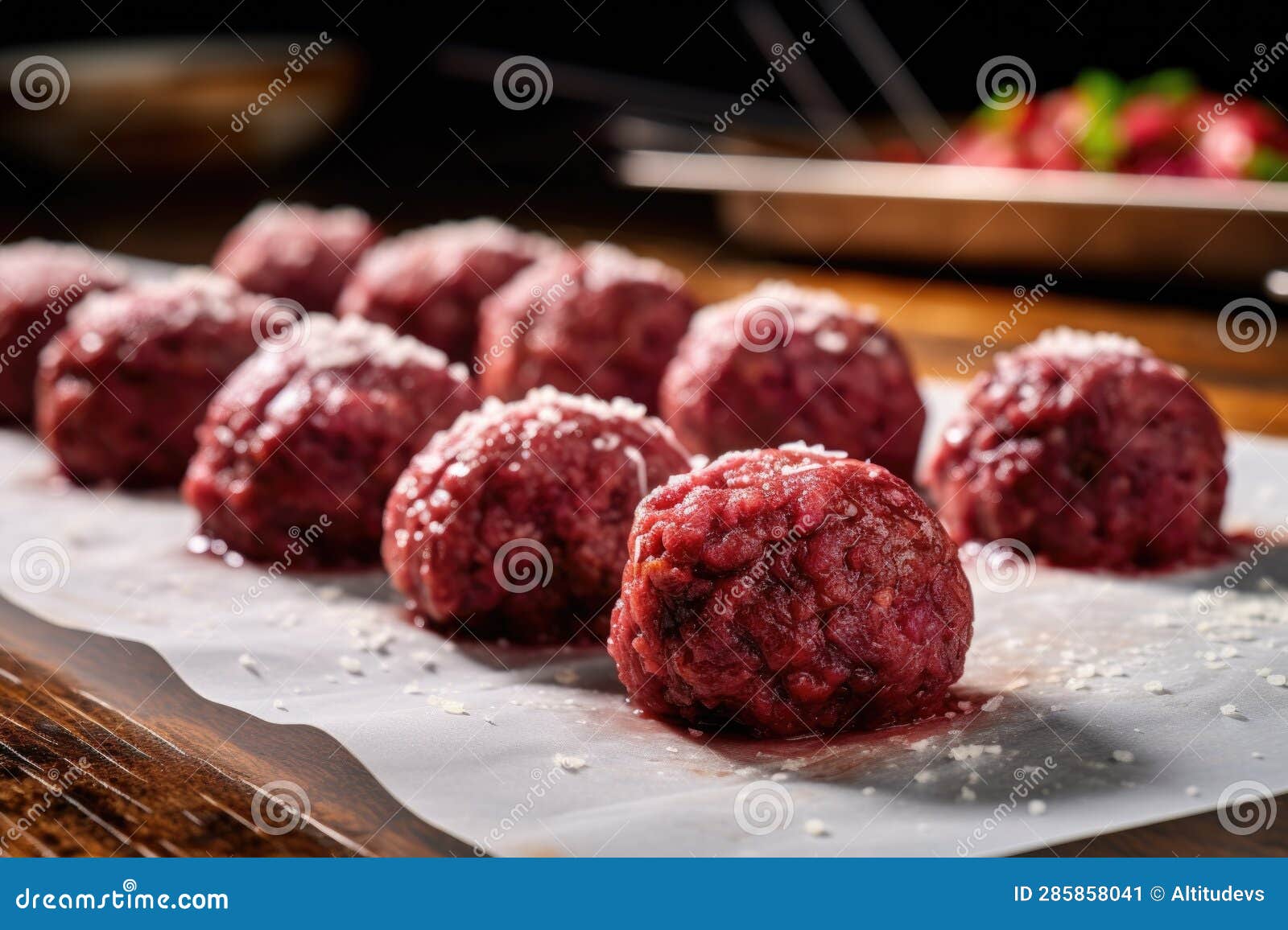 Row of Raw Meatballs on Parchment Paper Stock Illustration