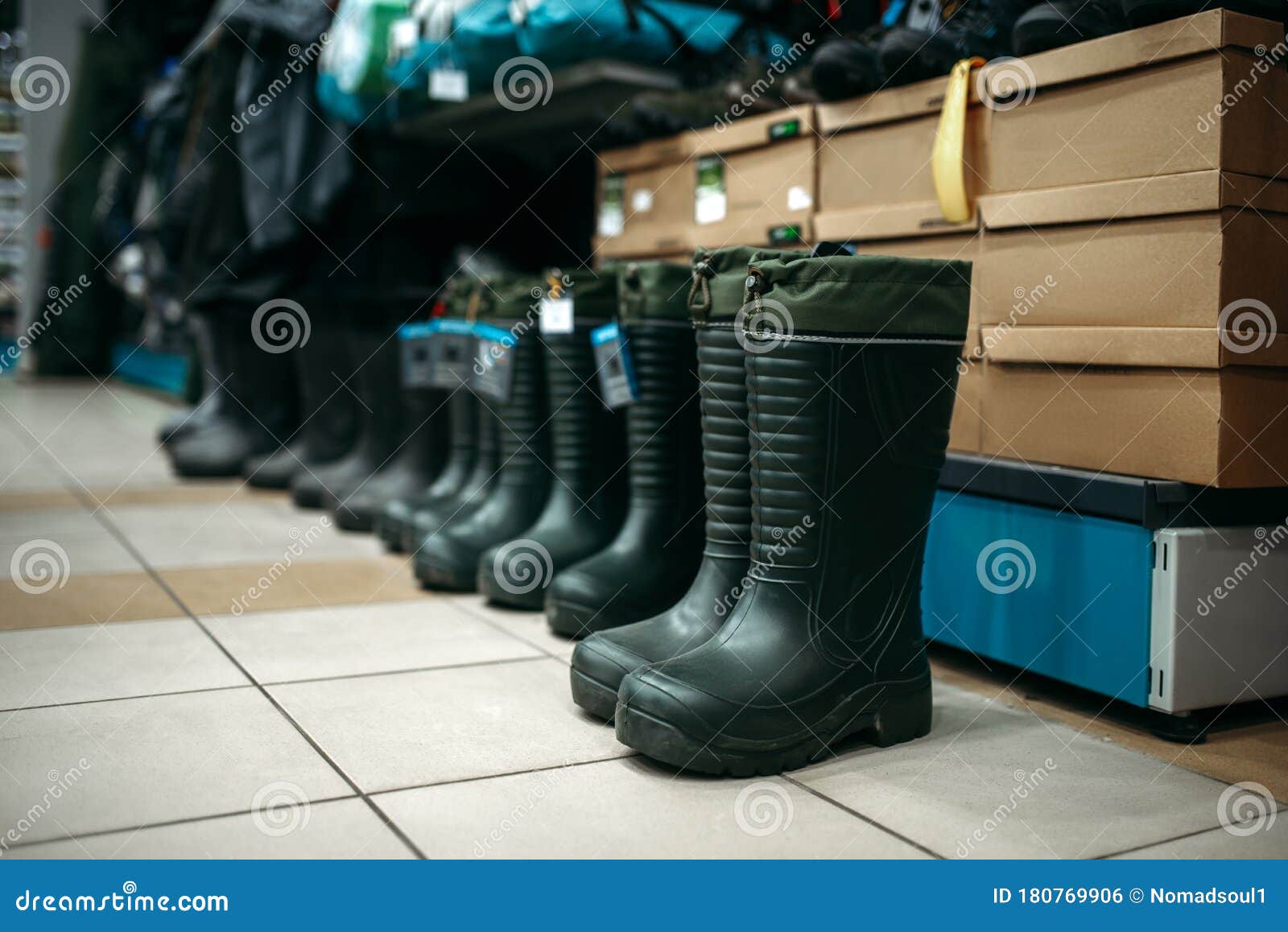 Row of Rubber Boots in Fishing Shop, Nobody Stock Photo - Image of ...