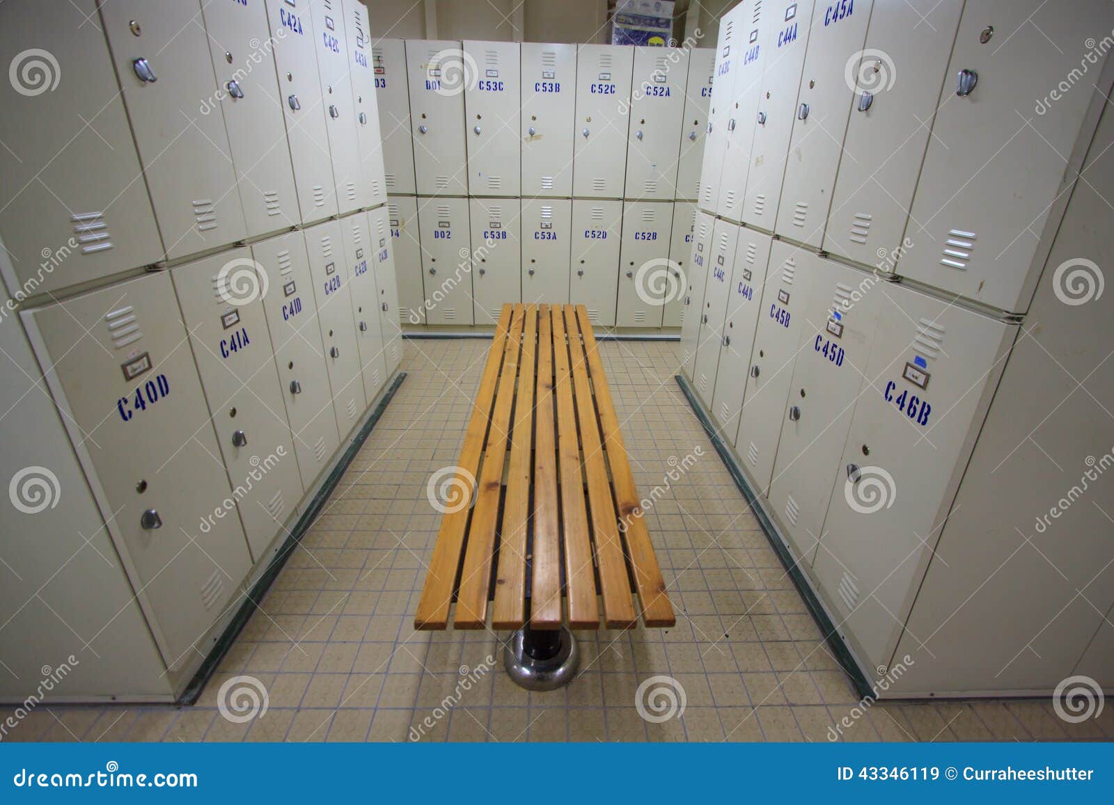 row of steel lockers along the chair, locker room for worker in job site, keep personal belonging in sport complex.