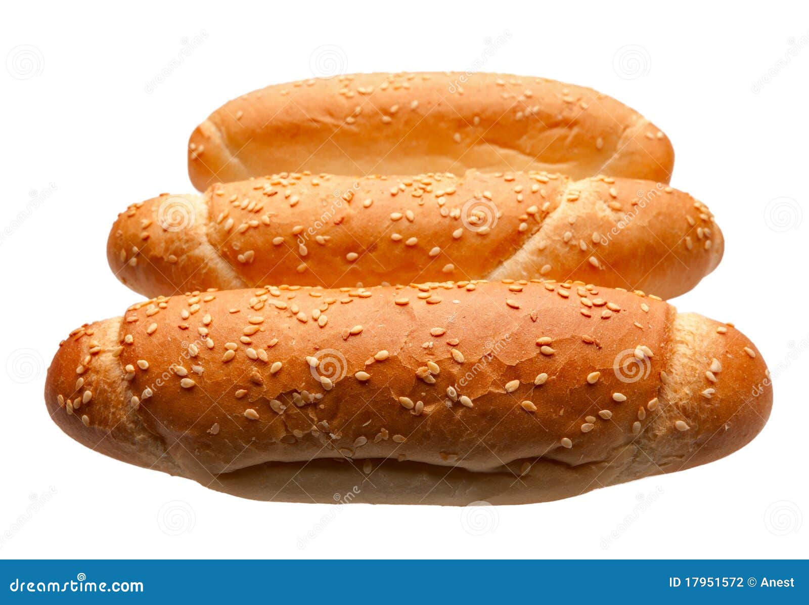 Row of three buns. Freshly baked long buns isolated on white