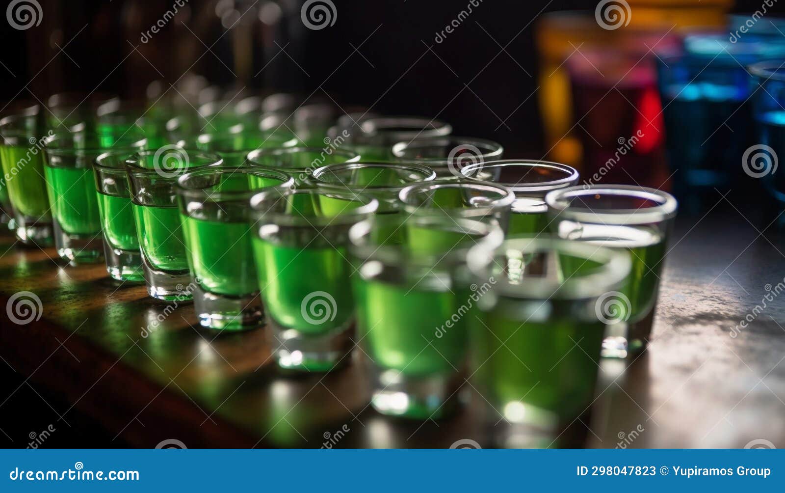 A Row of Transparent Drink Bottles on a Bar Counter Generated by AI