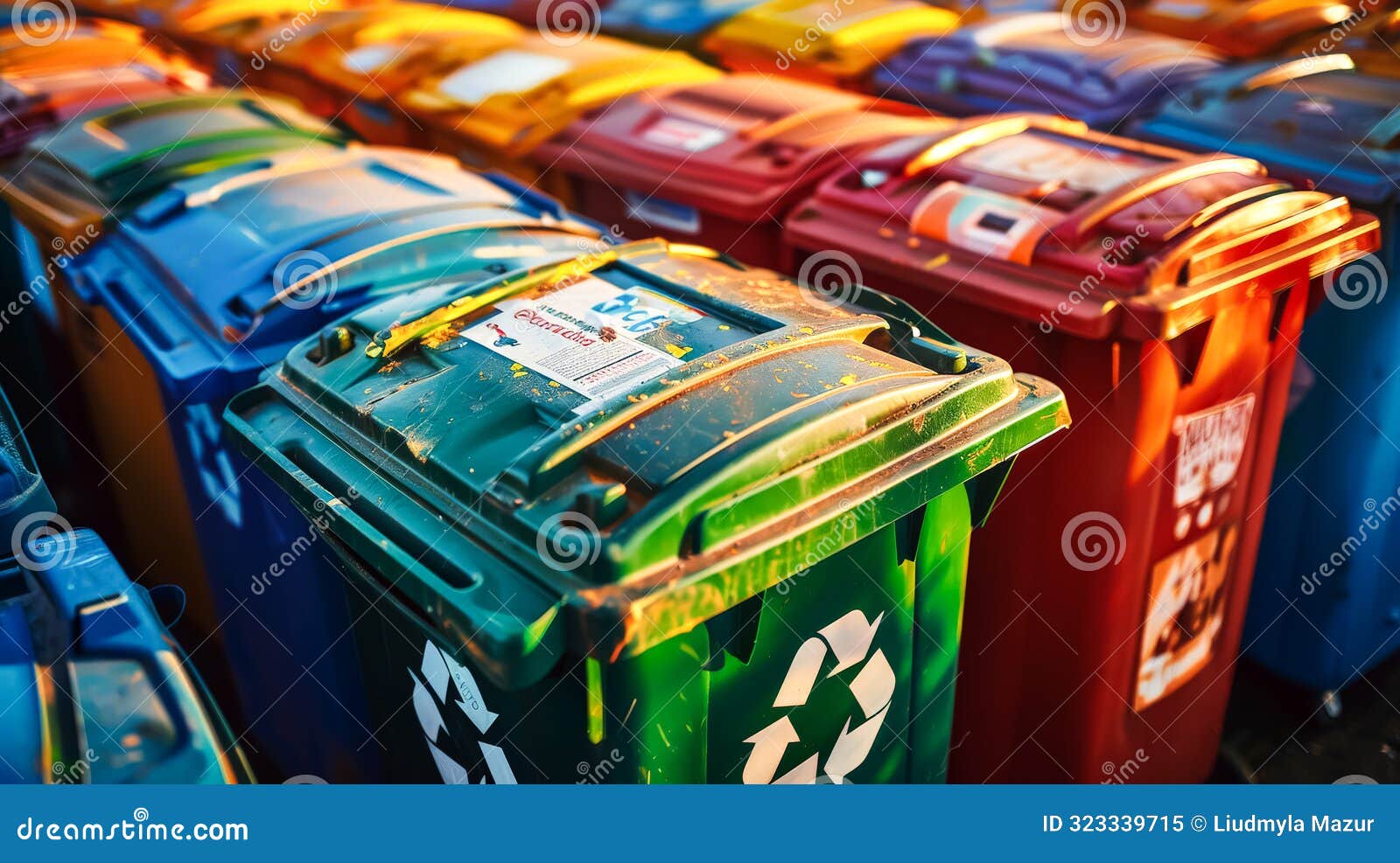A Row of Trash Cans are Lined Up, Each with a Different Color Stock