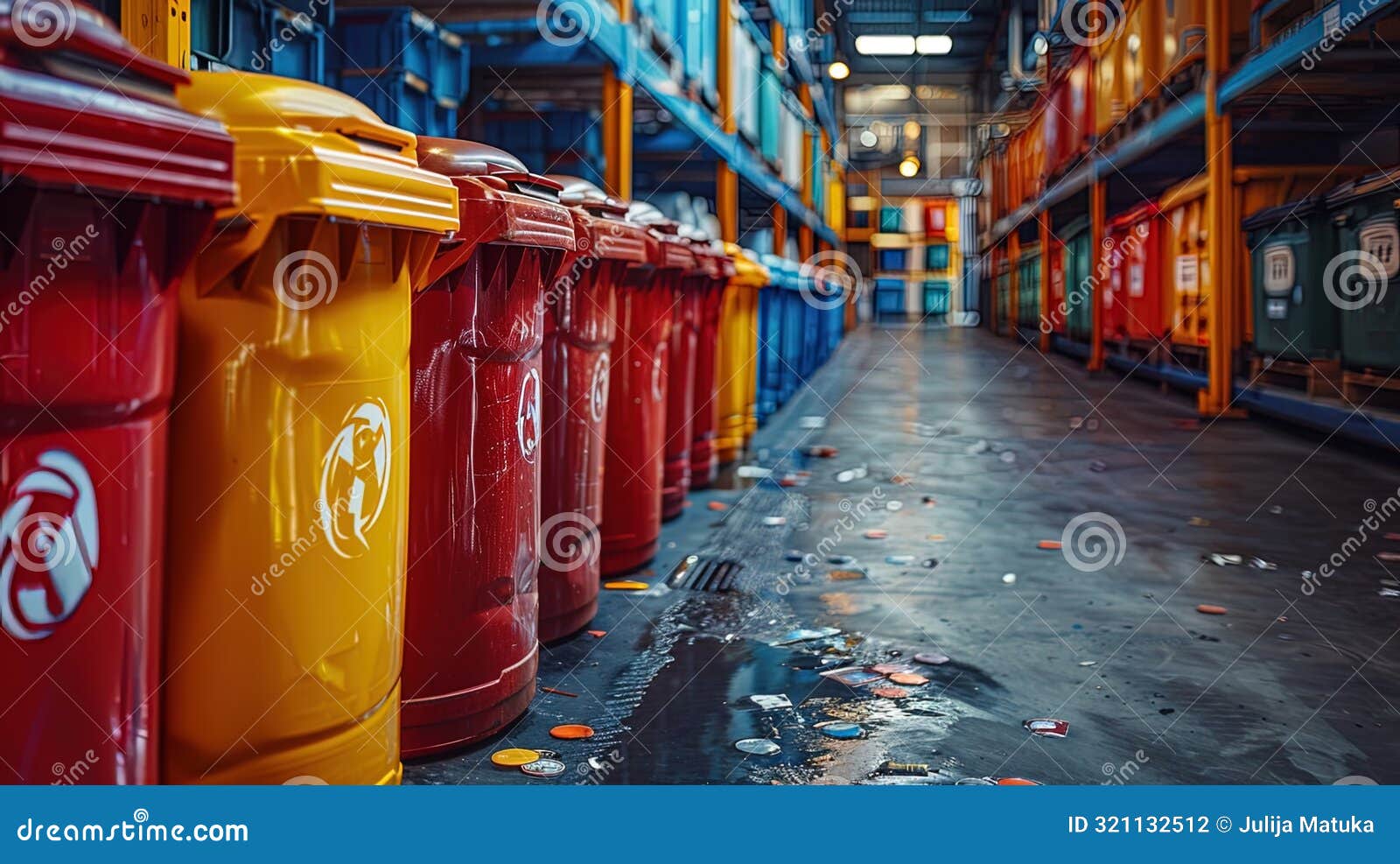 A Row of Trash Cans are Lined Up in a Warehouse Stock Photo Image of