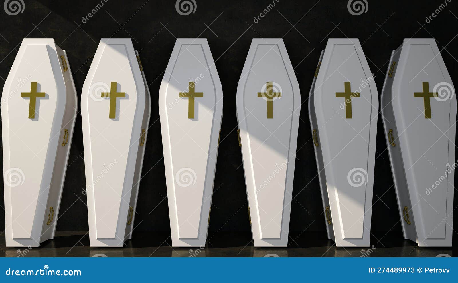 Row of white coffins stand stock illustration. Illustration of
