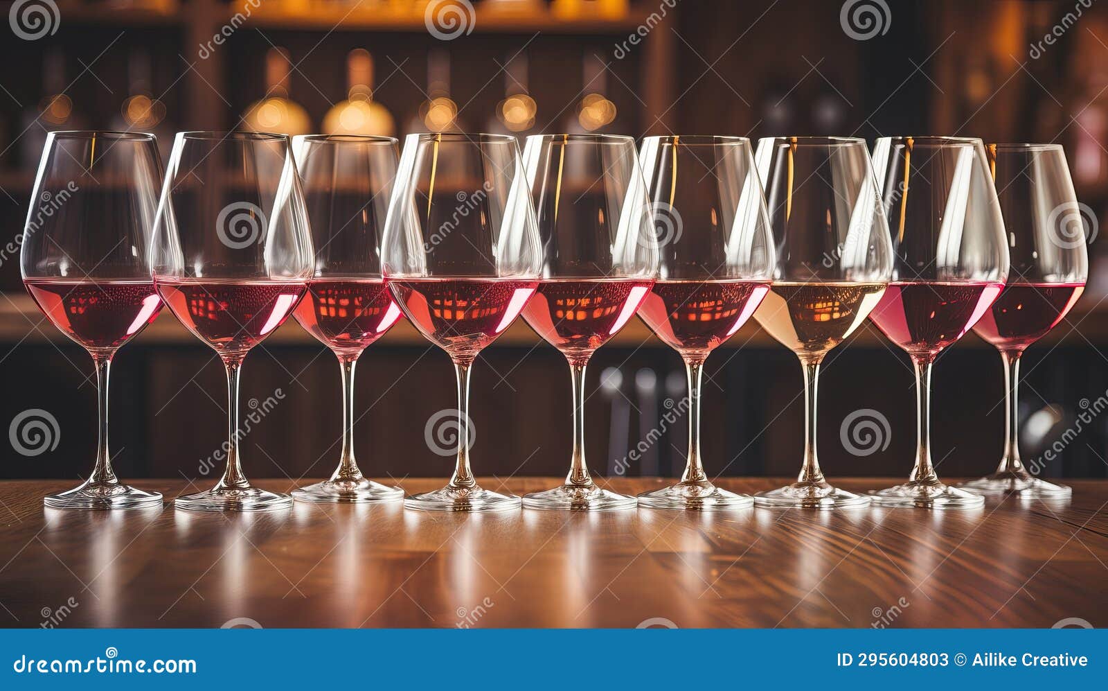 Row of Wine Glasses on Wooden Bar Stock Image Image of winery, drink