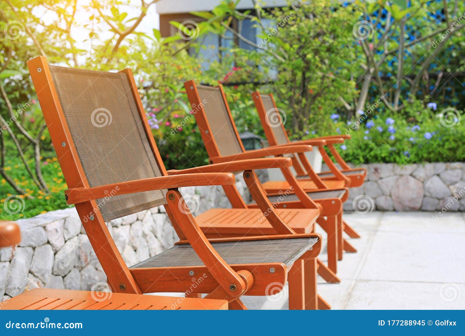Row of Wooden Chairs Set beside a Pool Stock Image Image of nature