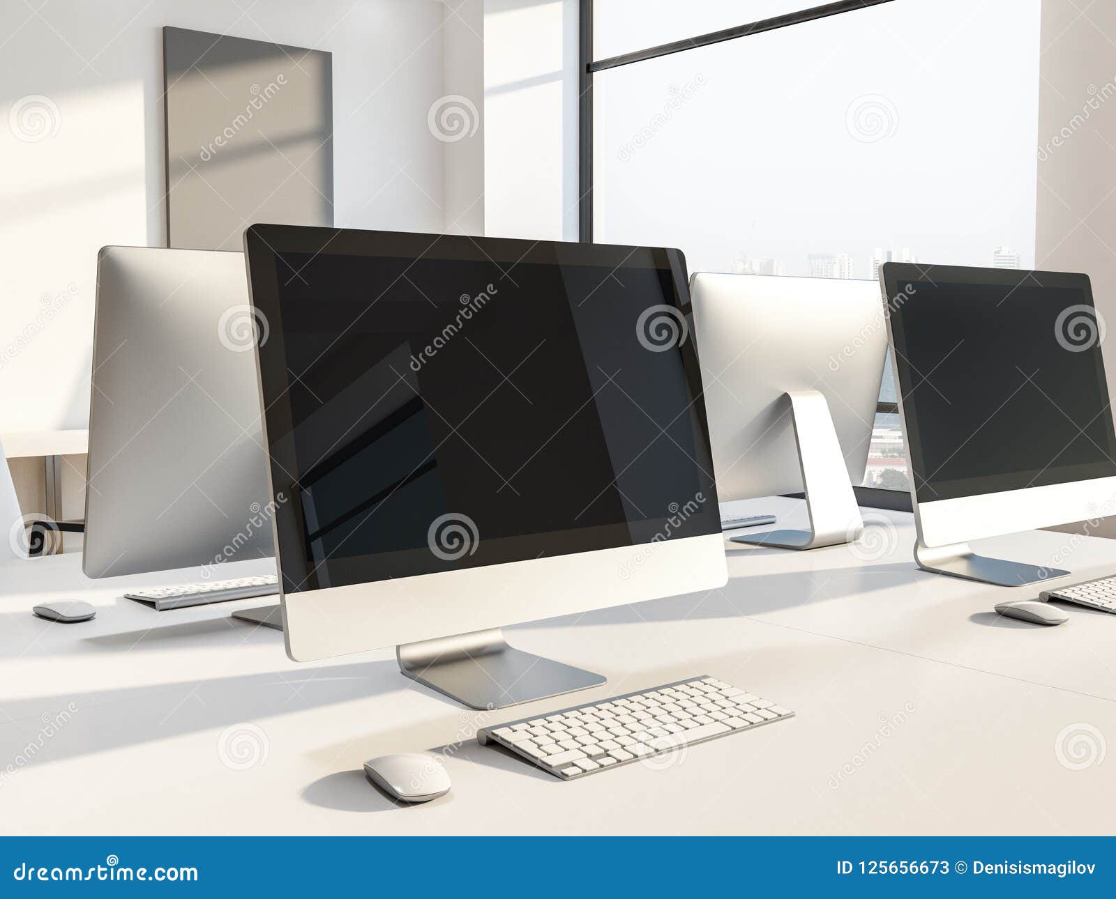 Rows of Black Computer Screens in White Office Stock Illustration
