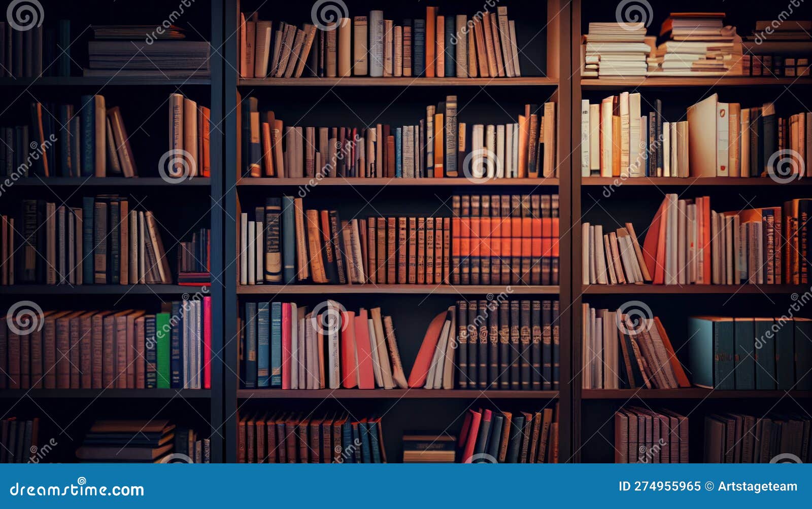 Rows of Books on Shelves in a Library. Developing Space Stock