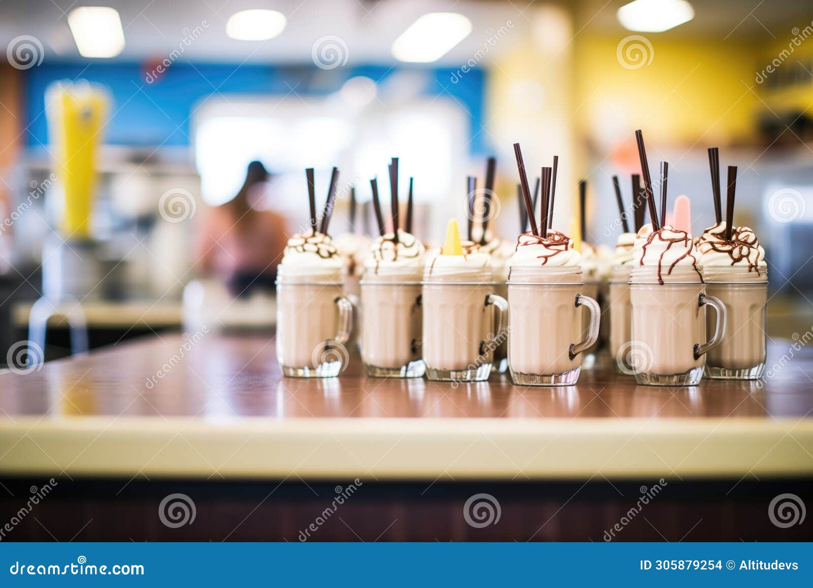 rows of coffee shakes ready for service in a caf
