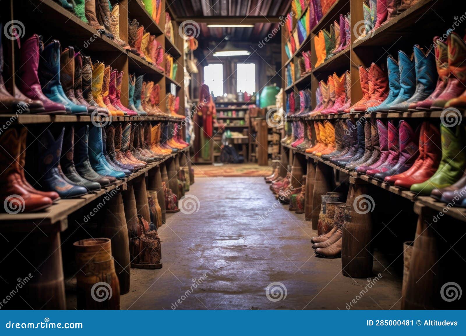 Rows of Colorful Cowboy Boots in Workshop Stock Illustration ...