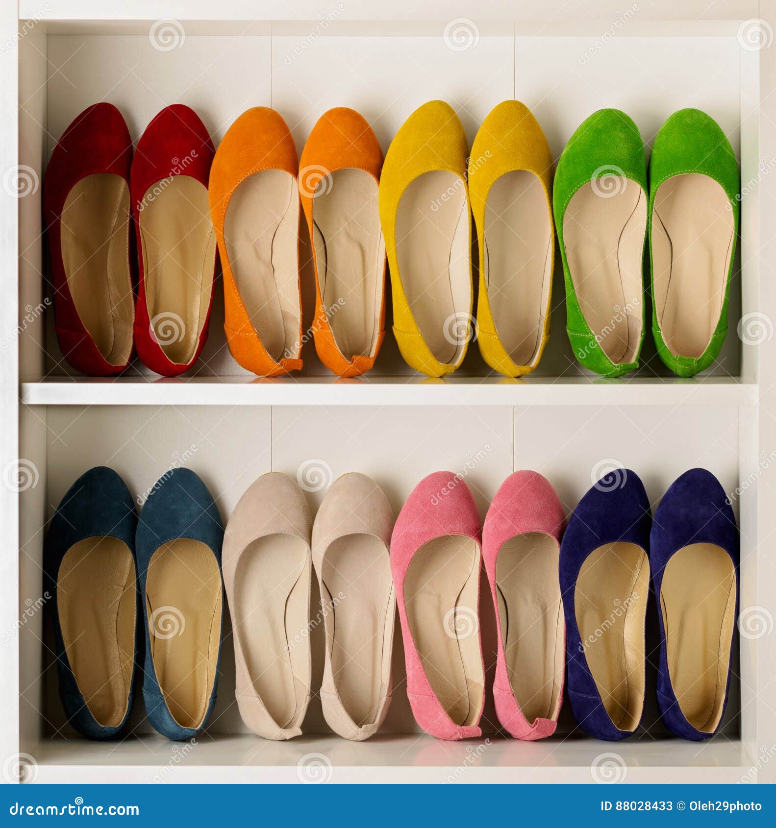 Rows of Colorful Women`s Shoes Ballet Shoes in the Wardrobe. Stock ...