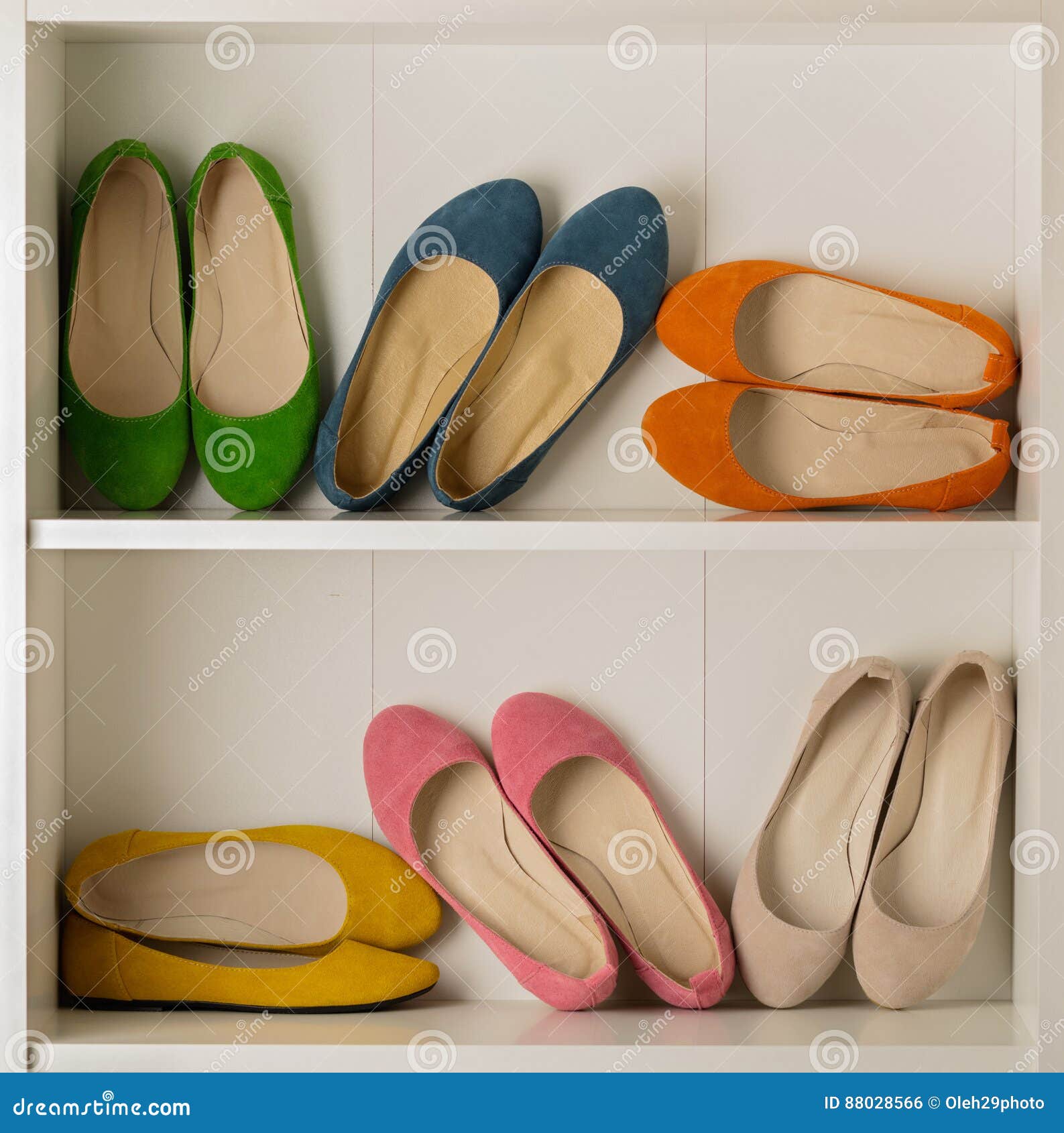 Rows of Colorful Women`s Shoes Ballet Shoes in the Wardrobe. Stock ...