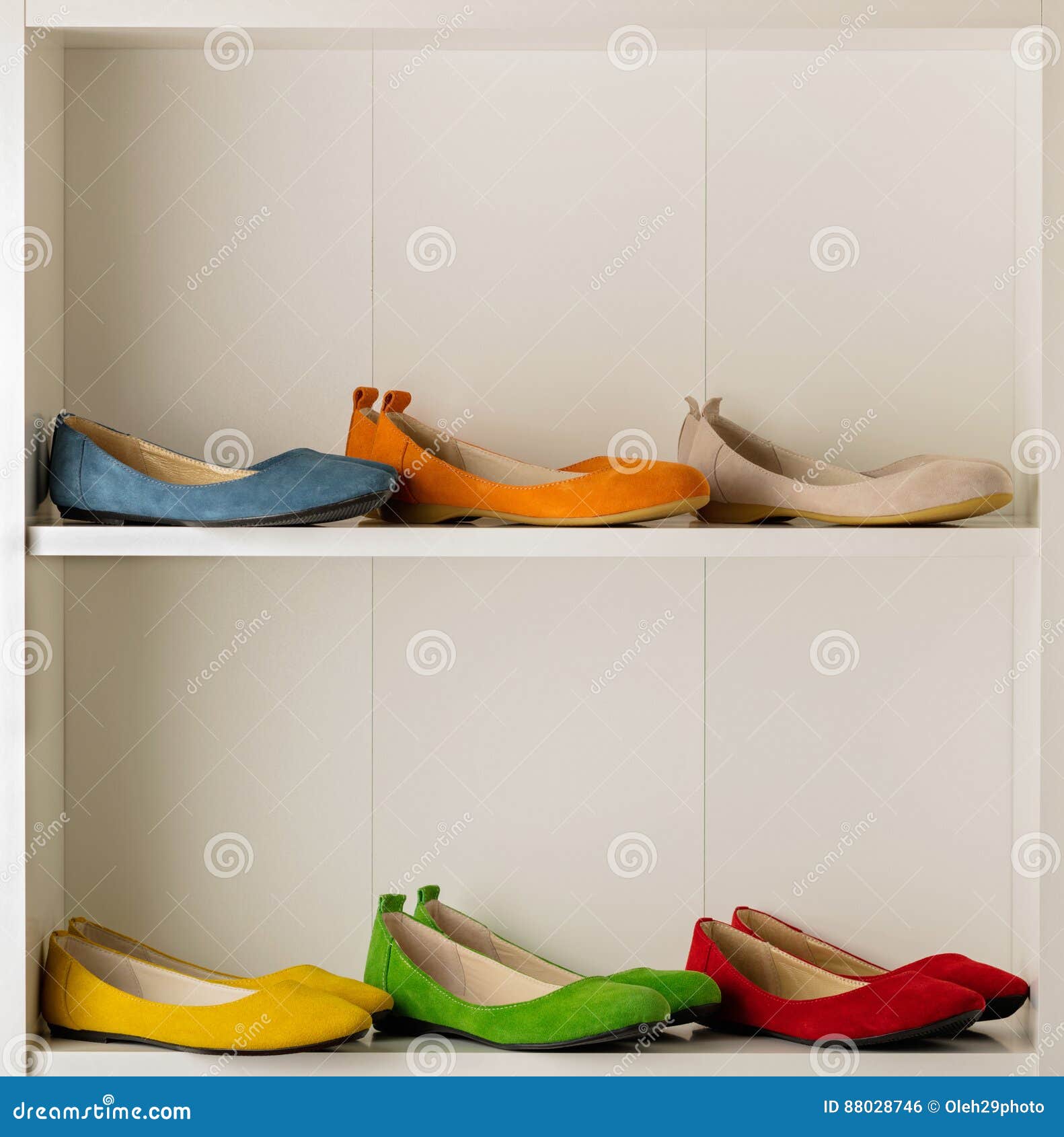 Rows of Colorful Women`s Shoes Ballet Shoes in the Wardrobe. Stock ...