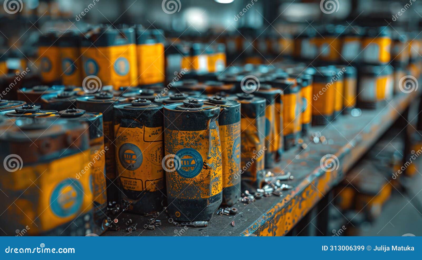 Rows of Discarded Electric Car Batteries Awaiting Proper Disposal in a Recycling Fac Stock Image