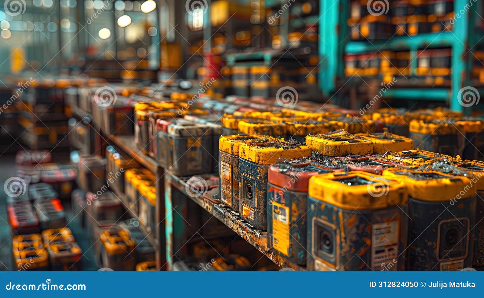 rows of discarded electric car batteries awaiting proper disposal in a recycling facil