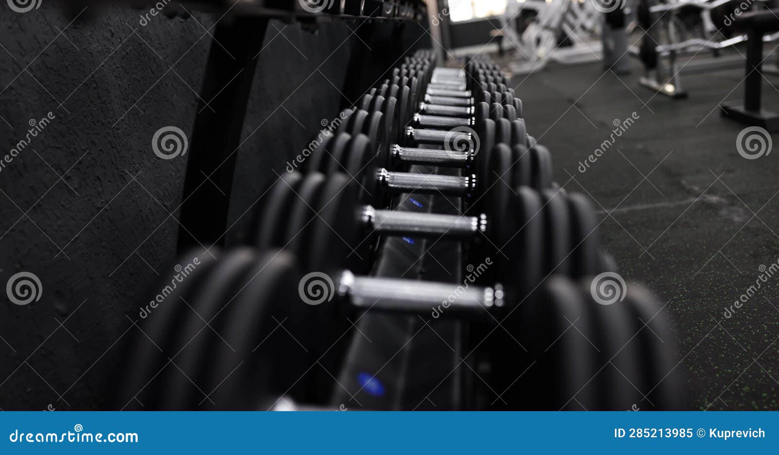 Rows of Dumbbells in Gym. Selecting Weights for Strength Training Stock