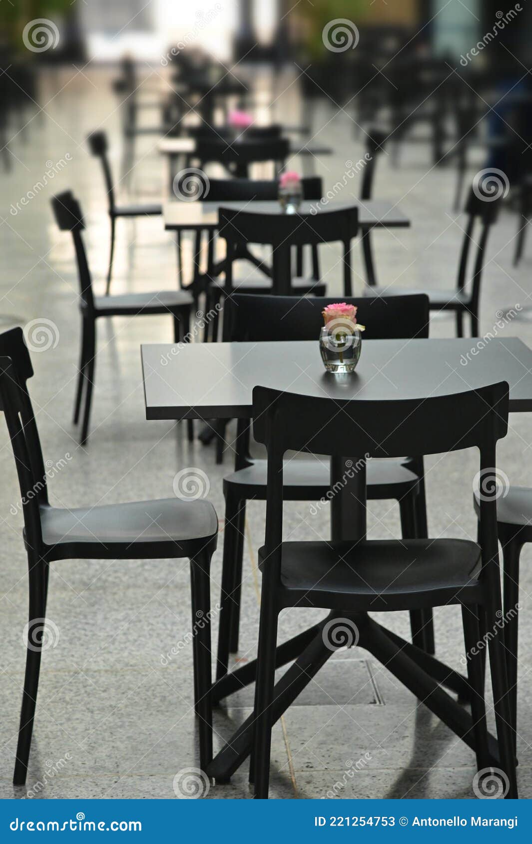 Rows of Empty Black Restaurant Terrace Tables Stock Image Image of