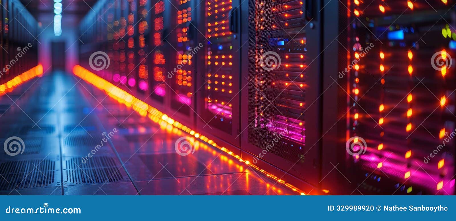 rows of glowing server racks illuminate a dark data center