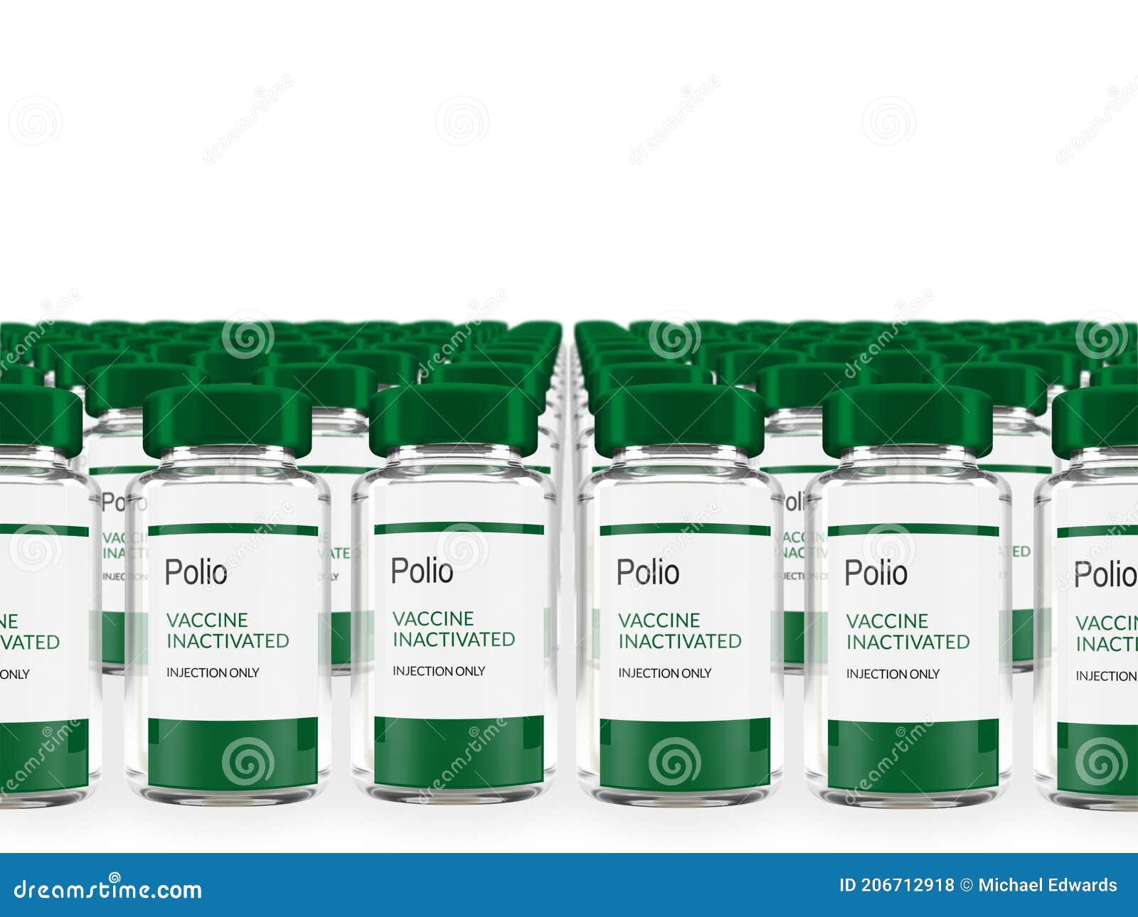 rows of multiple polio vaccine vials  on a white background. mass production and industry concept.