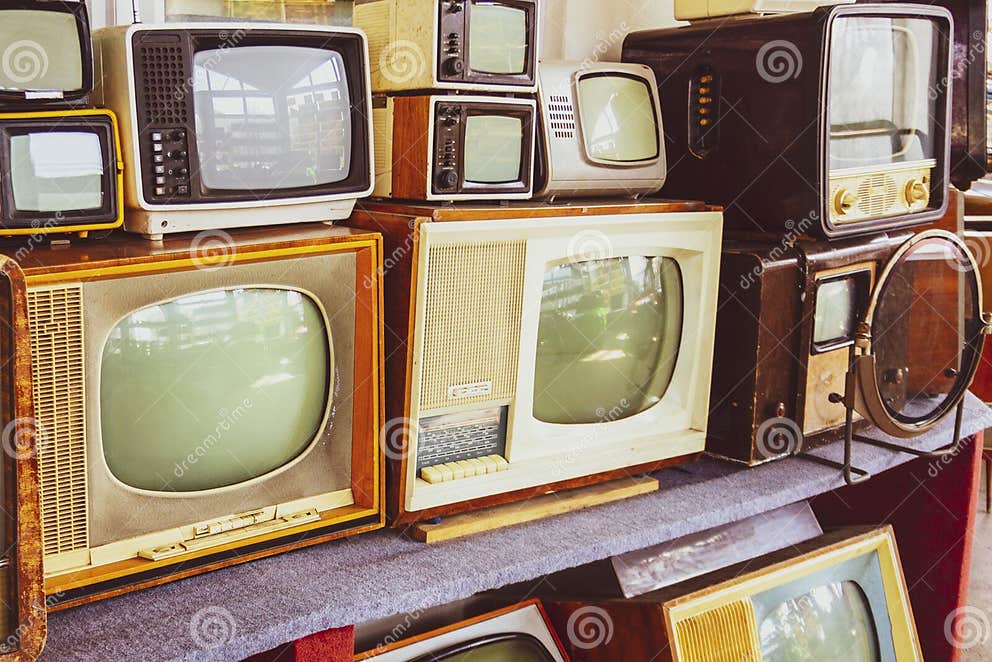 Rows of Old TVs.the First Televisions are Tubetype Stock Image Image