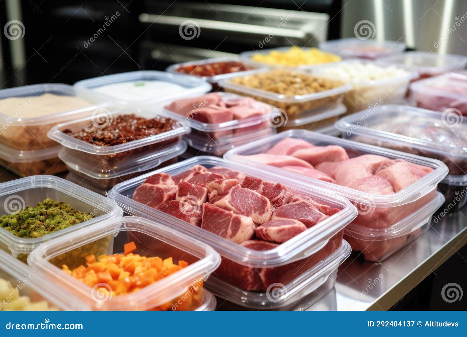 Rows of Plastic Containers Storing Leftover Meats on Counter Stock