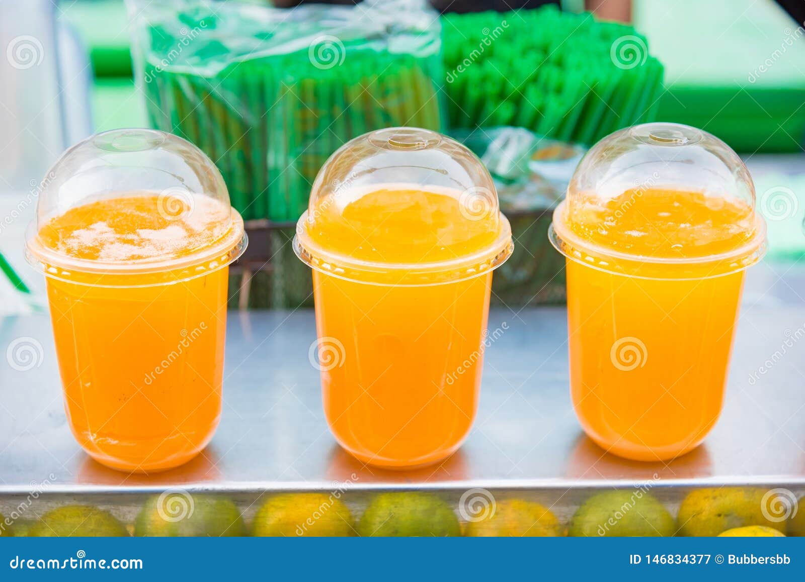 Rows of Plastic Cups with Orange Juice Stock Image Image of market