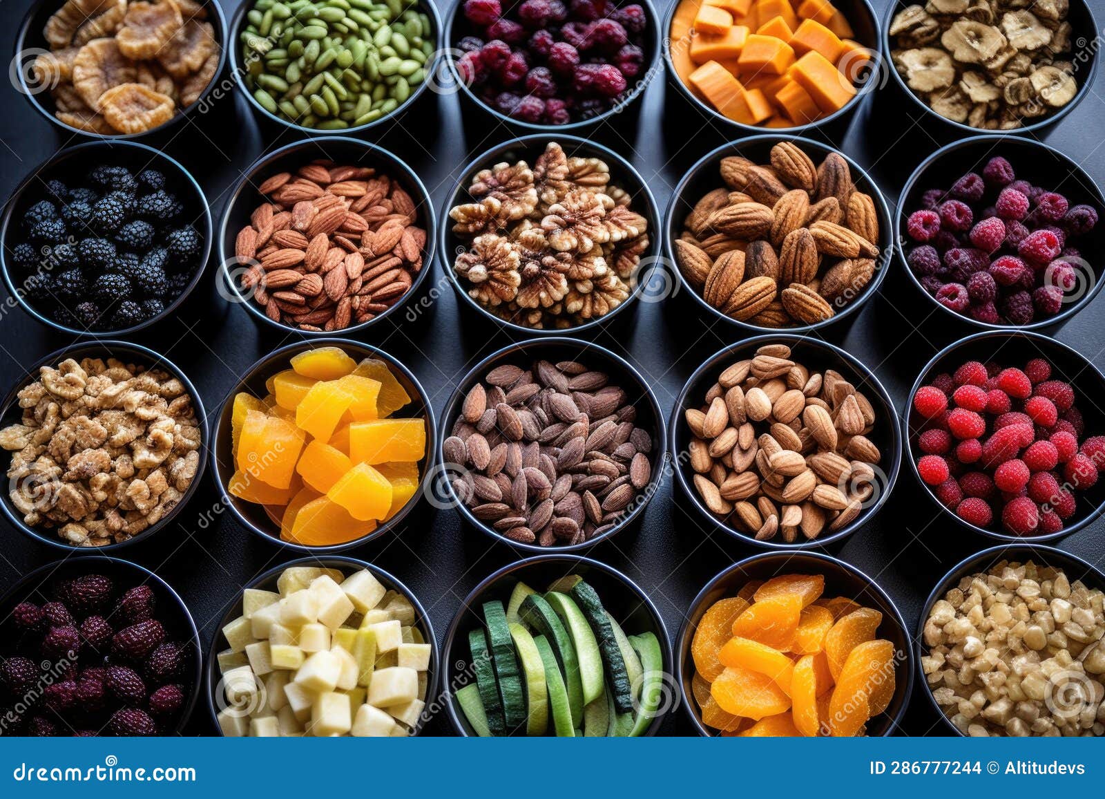 Rows of Portioned Out Vegan Snacks Nuts, Seeds, Dried Fruit Stock Photo Image of organic