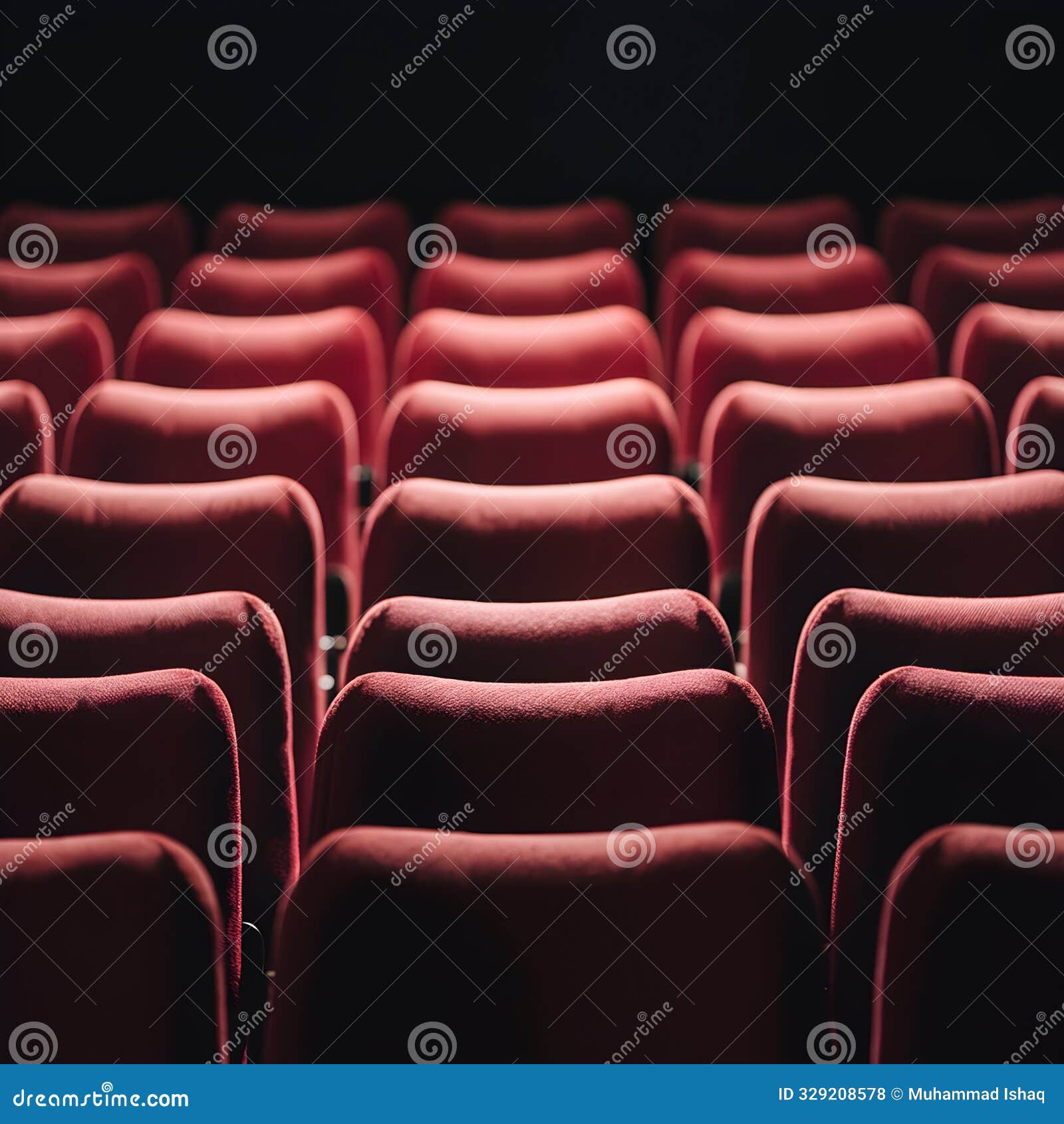 rows of red theater seats, softly lit, dark background, moody feel