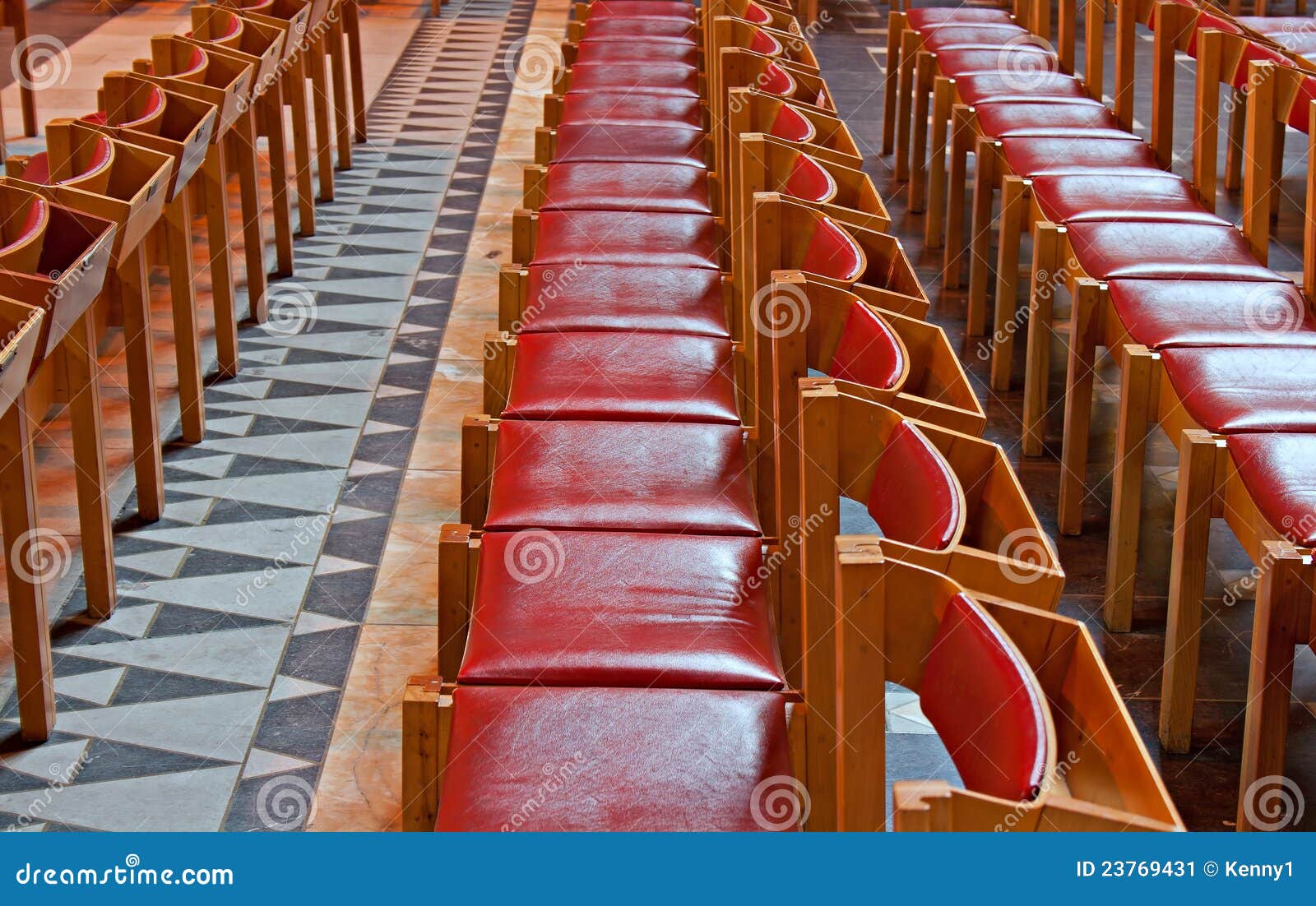 Rows of Red Wooden Chairs in Church Stock Image Image of together