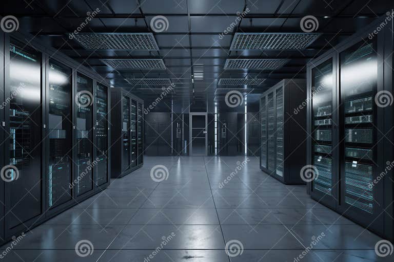Rows of Server Racks in a Data Center Hallway Stock Photo Image of