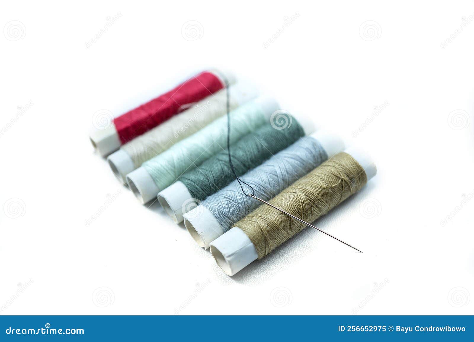 Rows of Sewing Threads of Various Colors and Sewing Needles Isolated on White Stock Image