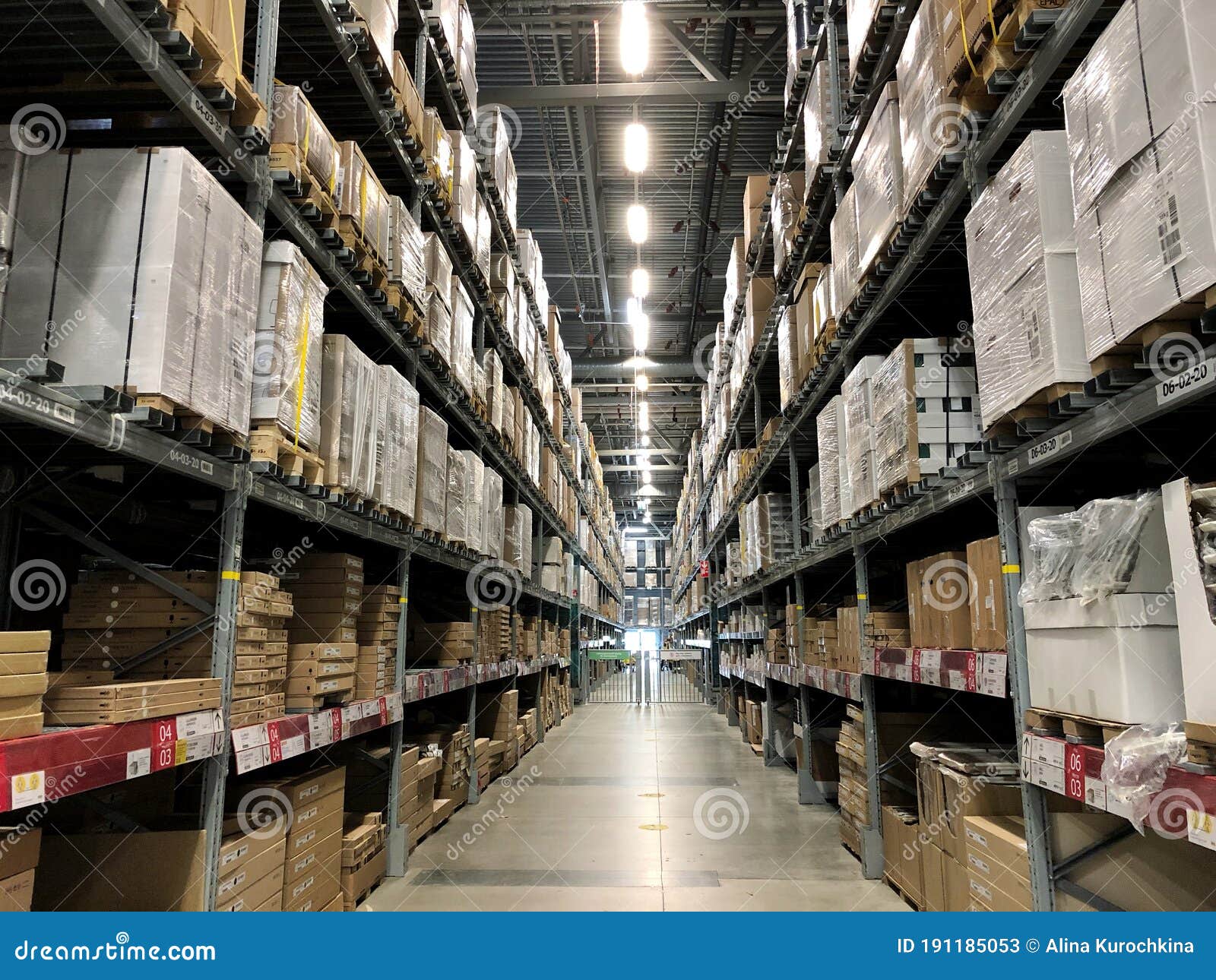 Rows of Shelves with Boxes in Modern Warehouse Stock Image Image of
