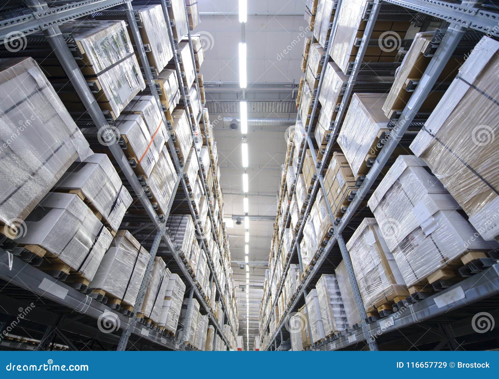 Rows of Shelves with Boxes in Warehouse Stock Image Image of goods