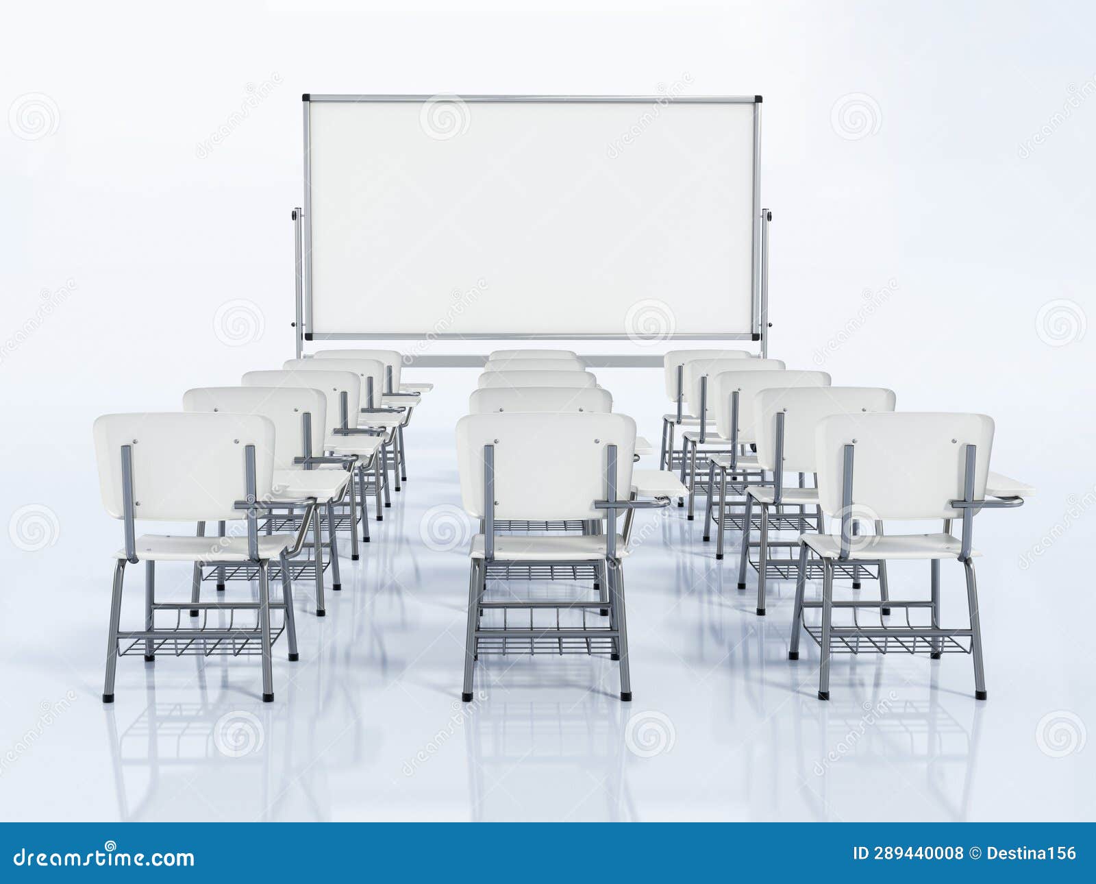 Rows of Student Desks and Whiteboard Isolated on White Background. 3D Illustration Stock