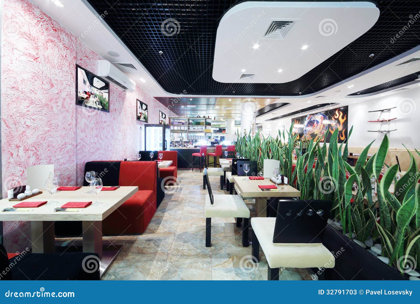 Rows of Tables and Chairs in Small Japanese Restaurant. Stock Image