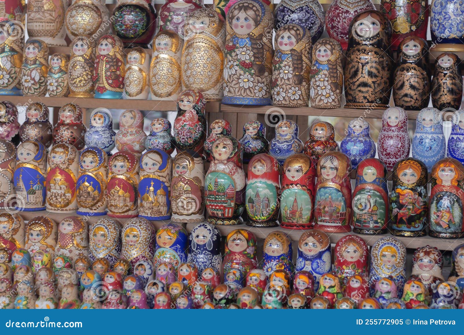 Rows of Traditional Russian Dolls Matryoshka Dolls on Store Shelves