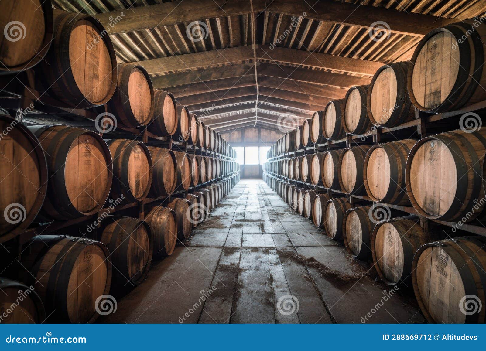 Rows of Whiskey Barrels Aging in Oak Casks Stock Photo Image of