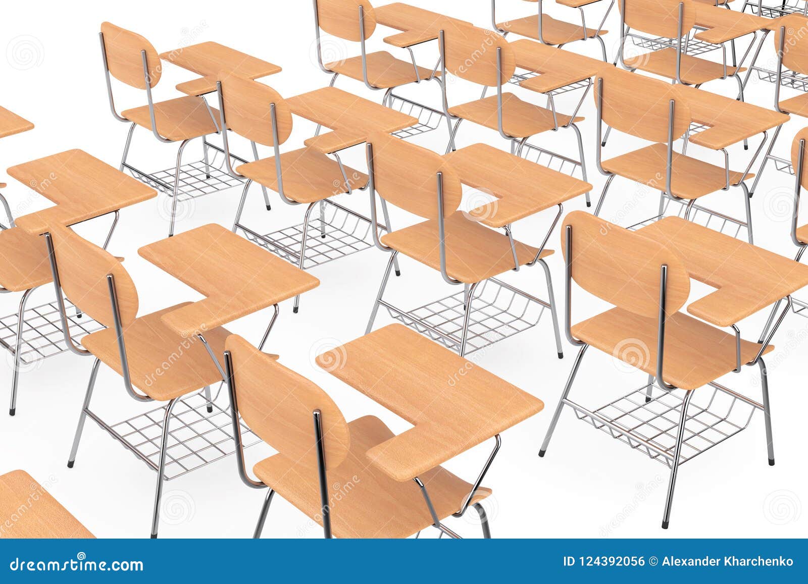 Rows Of Wooden Lecture School Or College Desk Tables With Chairs