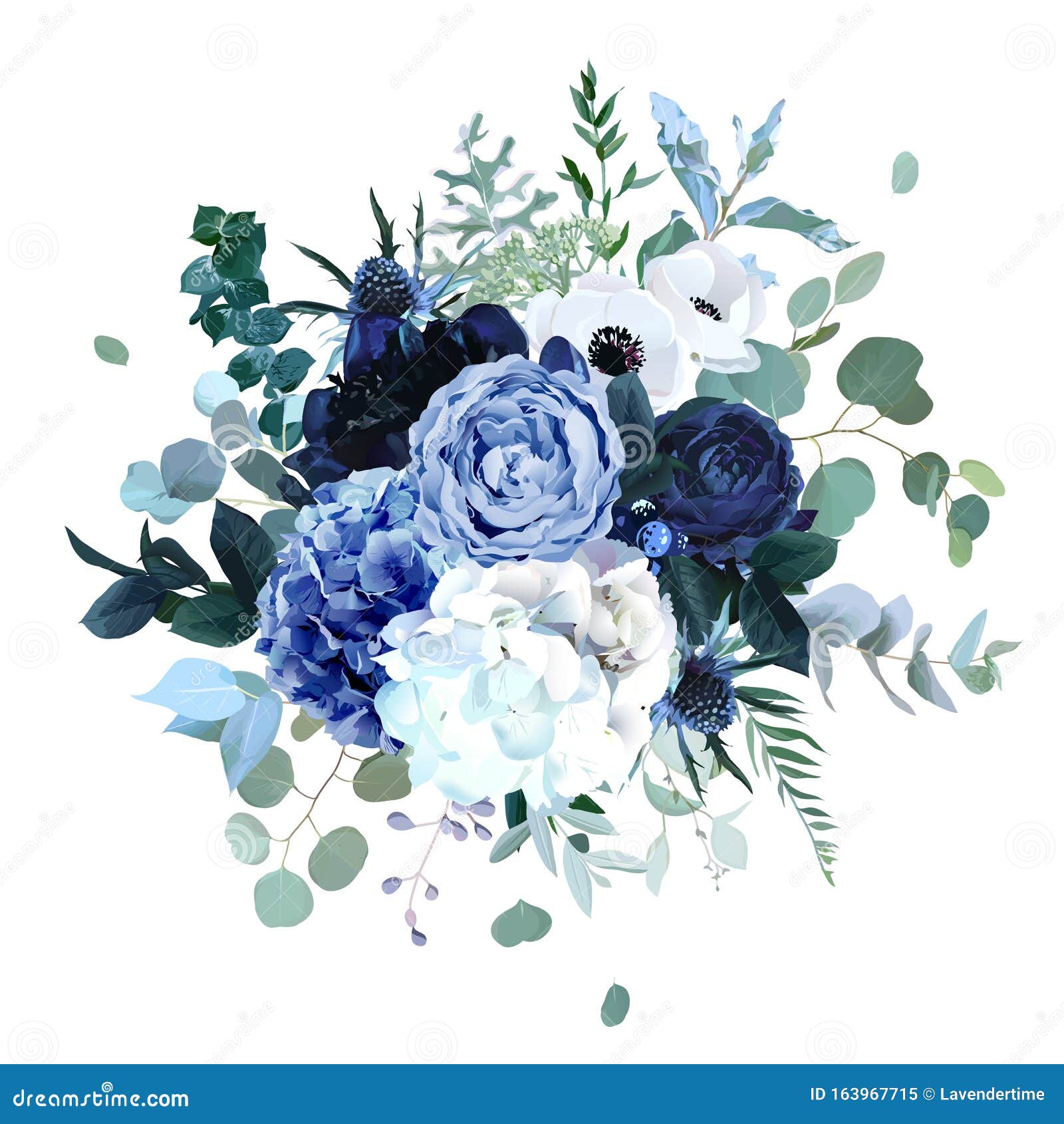 Royal Blue, Navy Garden Rose, White Hydrangea Flowers, Anemone, Thistle  Stock Vector - Illustration of luxury, greenery: 163967715