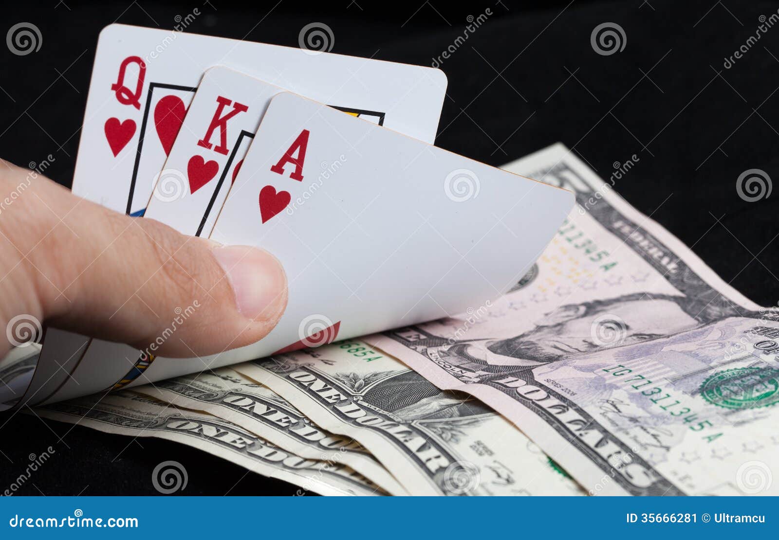 Royal Flush and Bank Note on Black Background Stock Image Image of