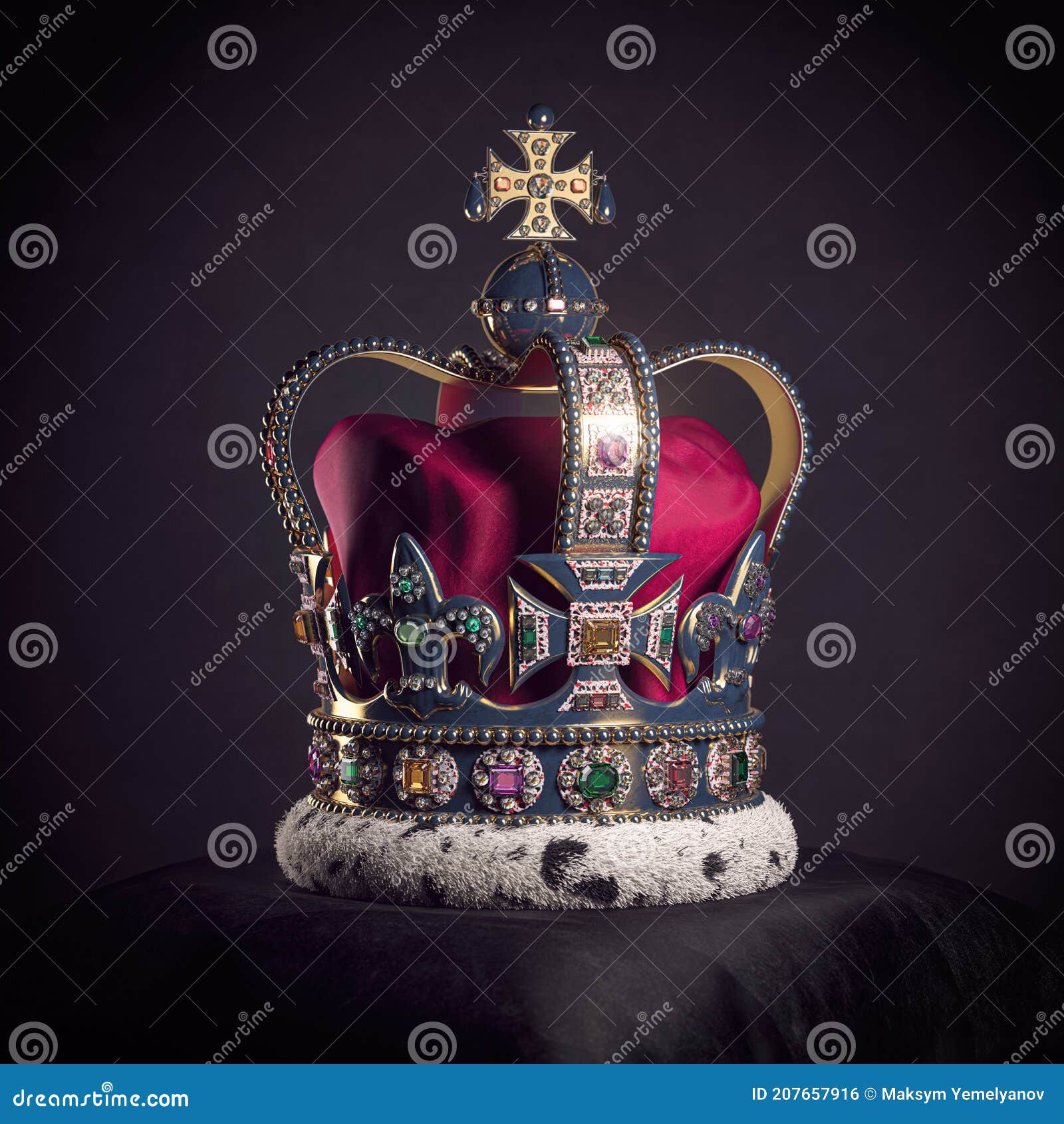 royal golden crown with jewels on pillow on black background. s of uk united kingdom monarchy