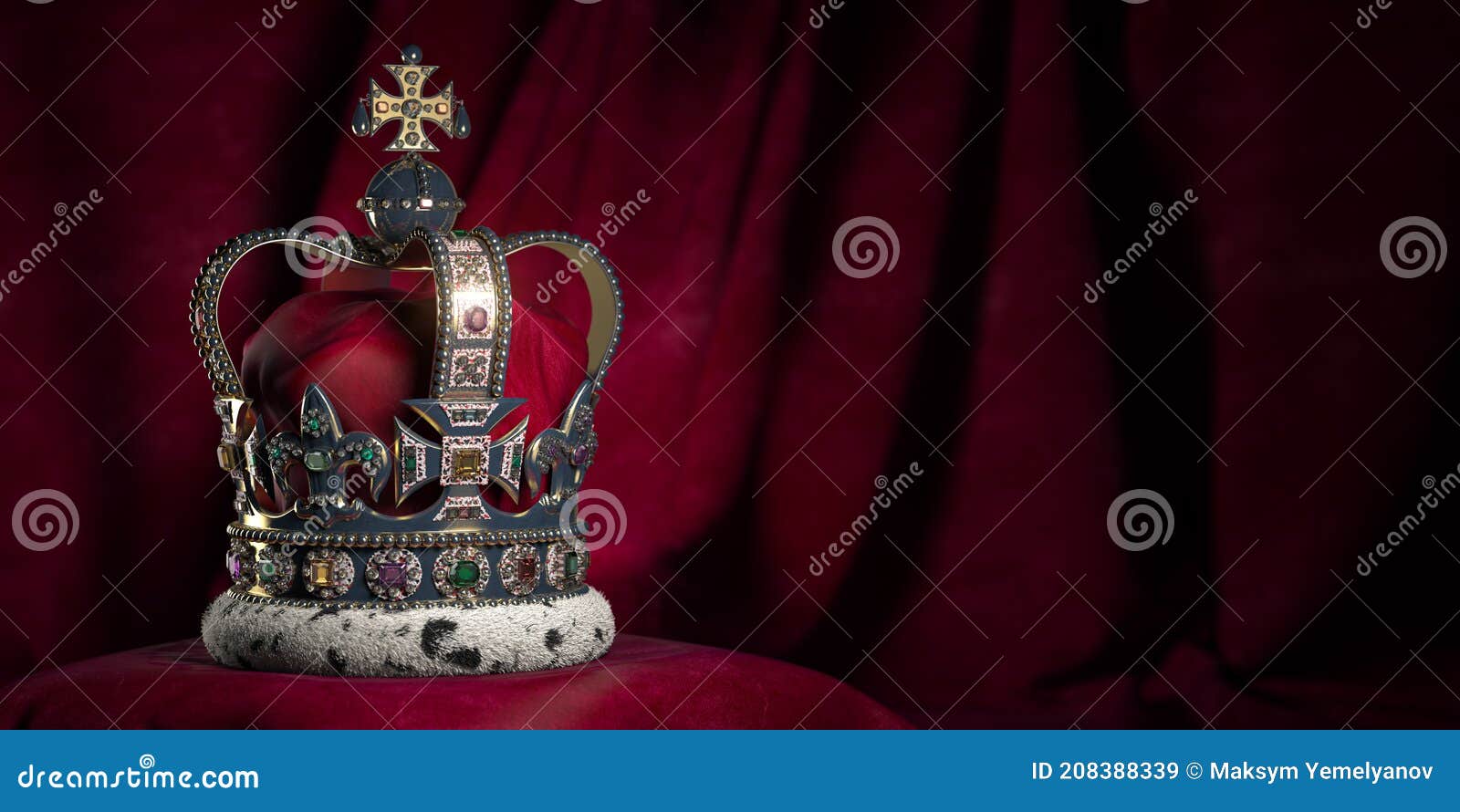 royal golden crown with jewels on pillow on pink red background. s of uk united kingdom monarchy