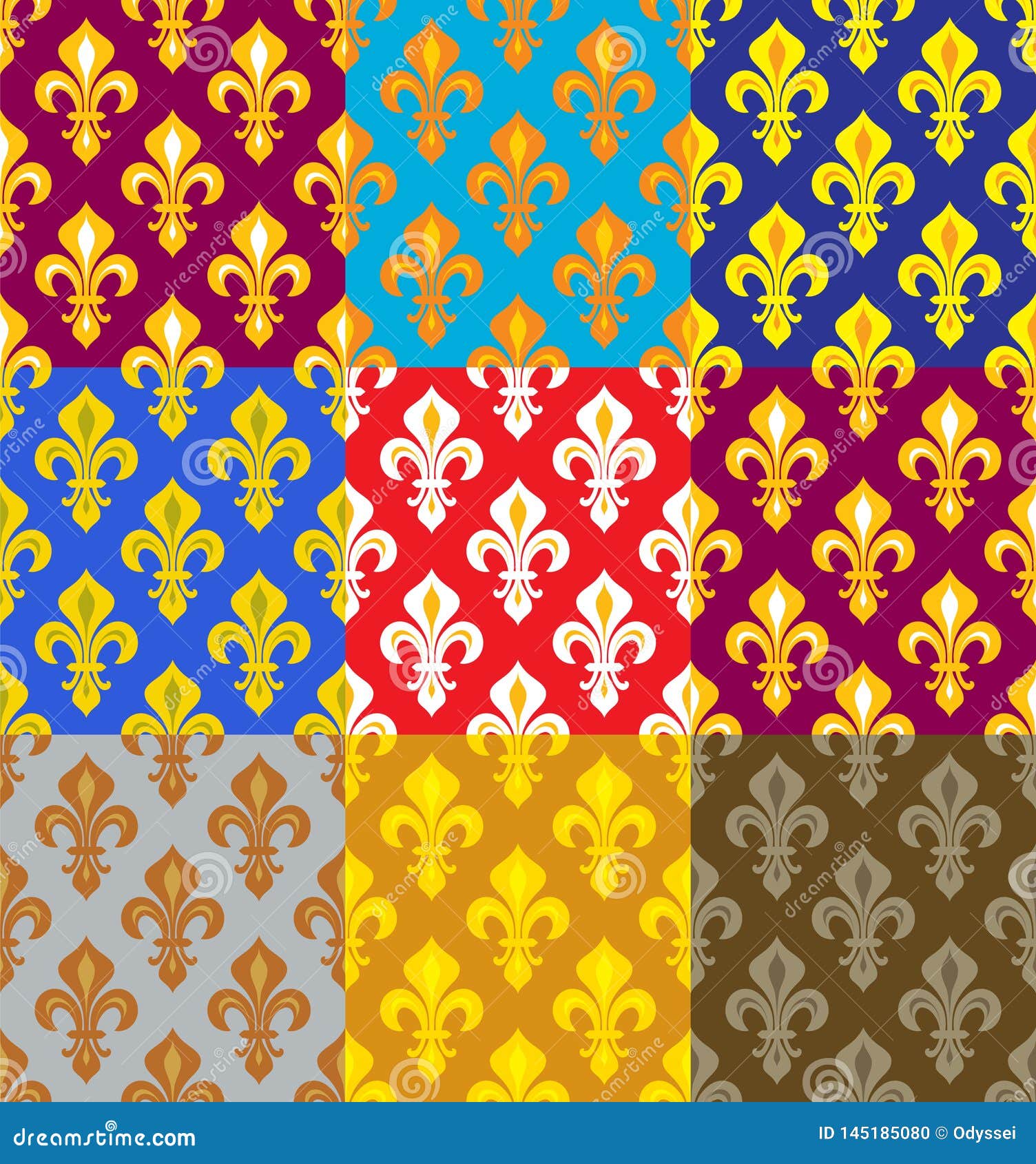 royal heraldic lilies (fleur de lis) -- rich colorful wallpaper, fabric textile, seamless pattern, versicolored set.