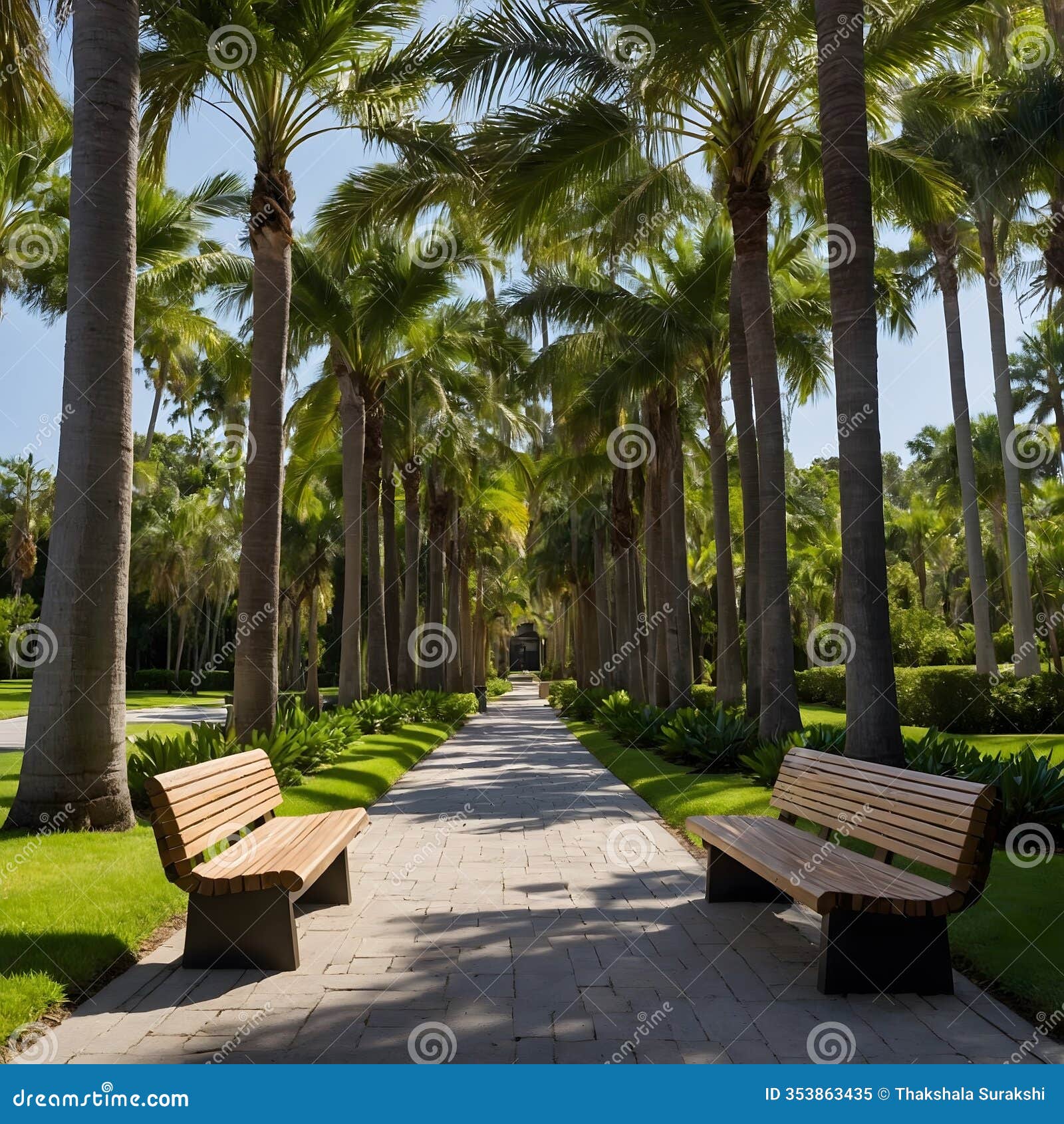 roystonea oleracea palms lining a shaded avenue with benches in a serene park