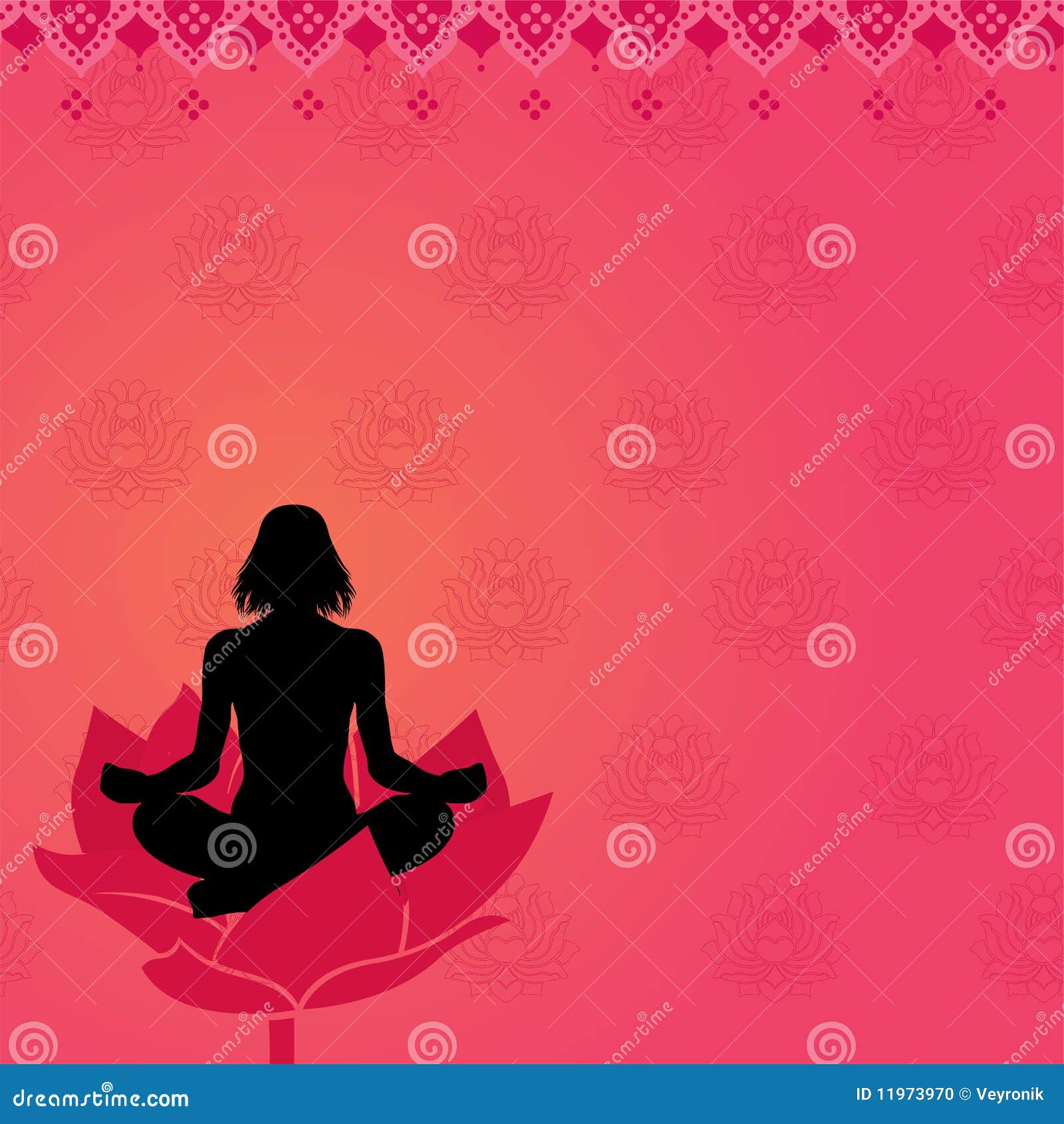 Roze yogaachtergrond. Vrouw in yoga of meditatiehouding met roze Indische stijlachtergrond