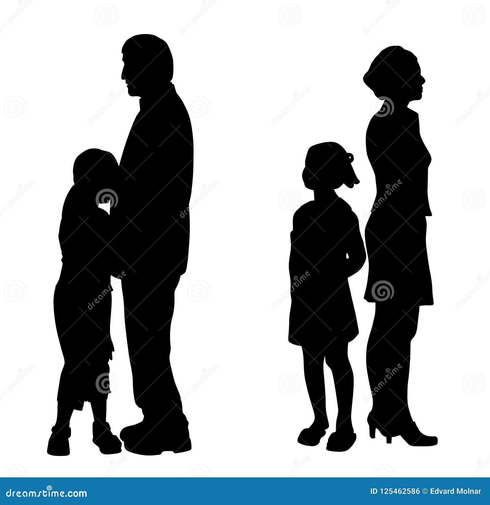 Rozwodzić się rodziców z dwa smutnymi nieszczęśliwymi dziećmi. Ilustracyjna sylwetka rozwodzenie wychowywa z ich dwa smutnymi nieszczęśliwymi dziećmi Odosobniony biały tło EPS kartoteka dostępna